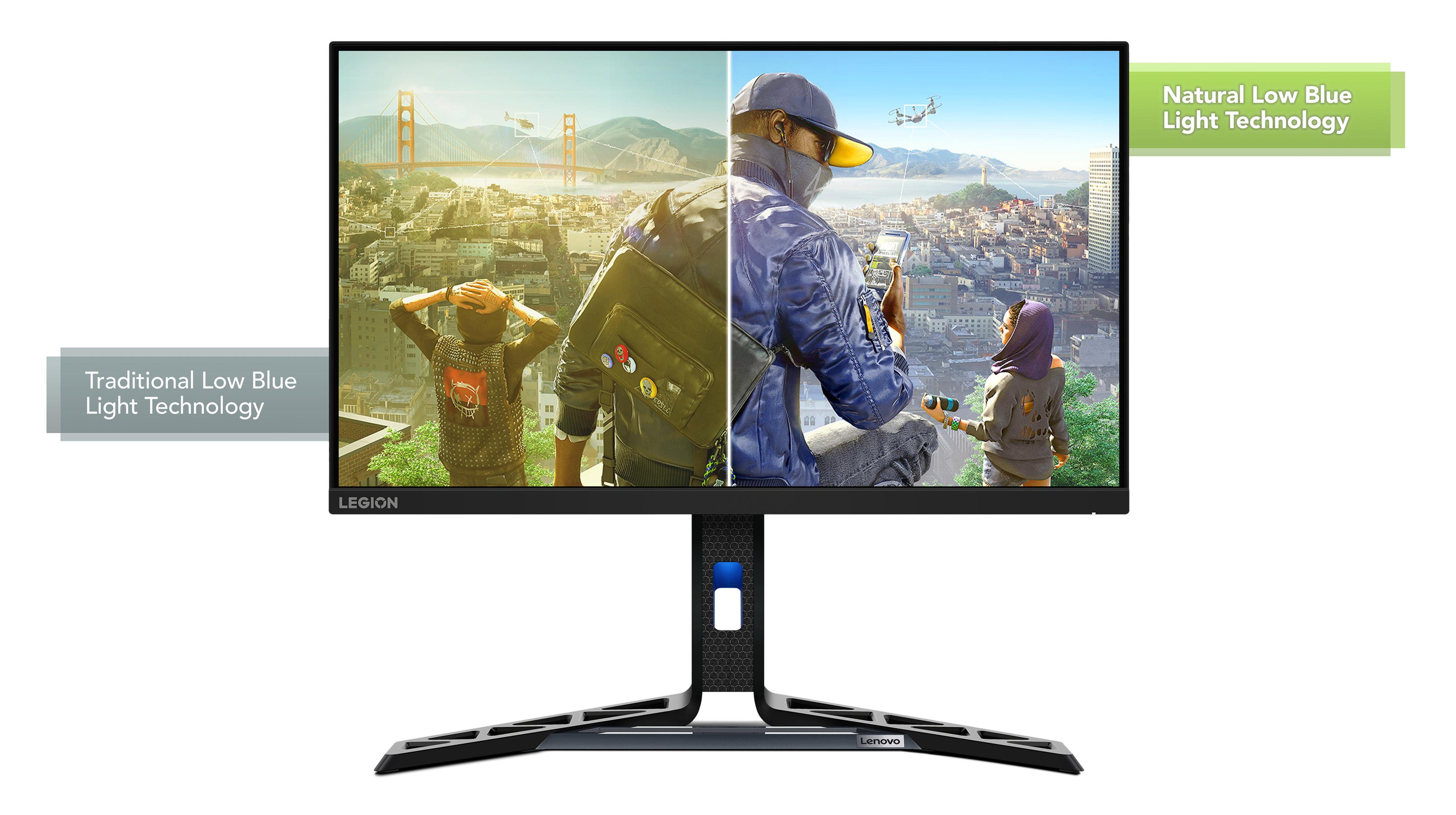 Un monitor de computadora con pantalla dividida mostrando diferentes tecnologías de luz azul baja.