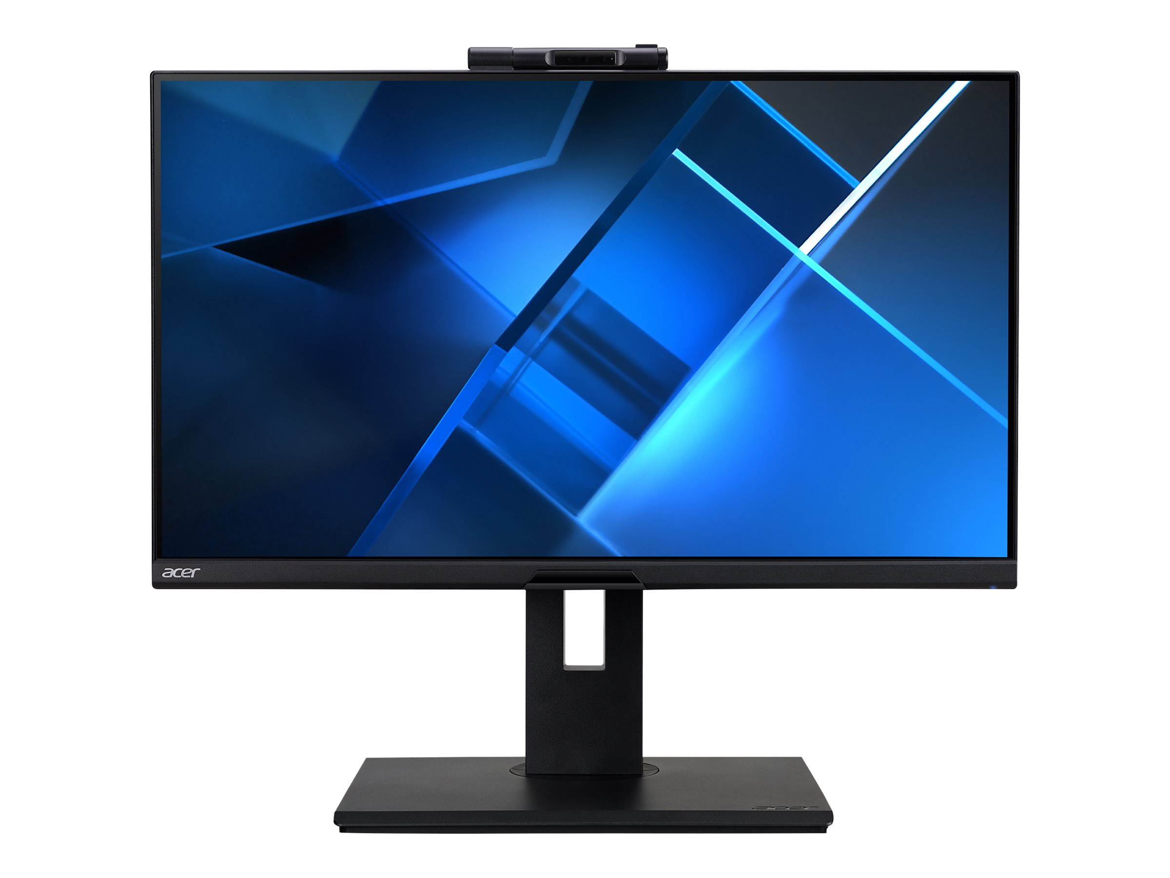 Un monitor nero con una webcam in alto e uno sfondo bianco. È un monitor Acer.