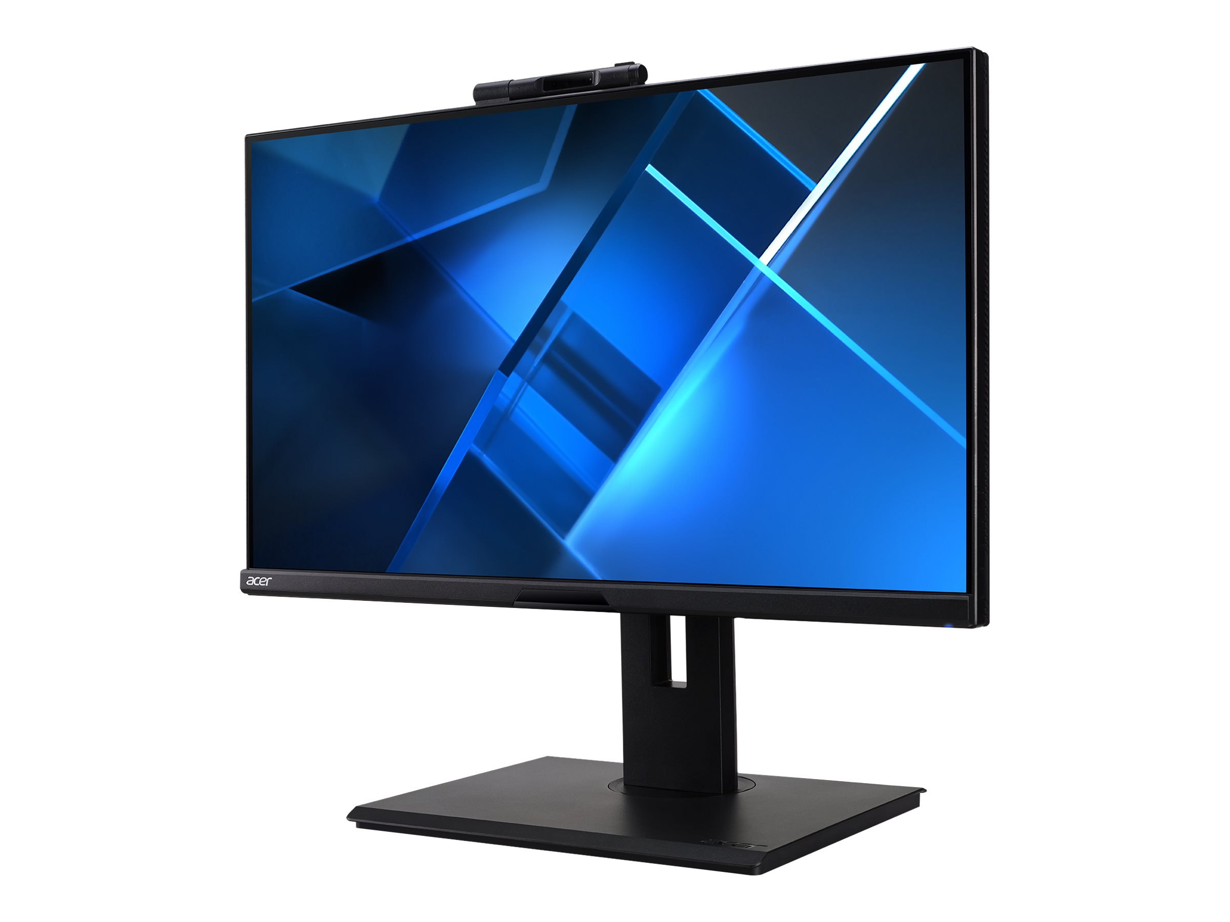 Un monitor per computer nero con schermo blu e supporto nero. Sfondo bianco.