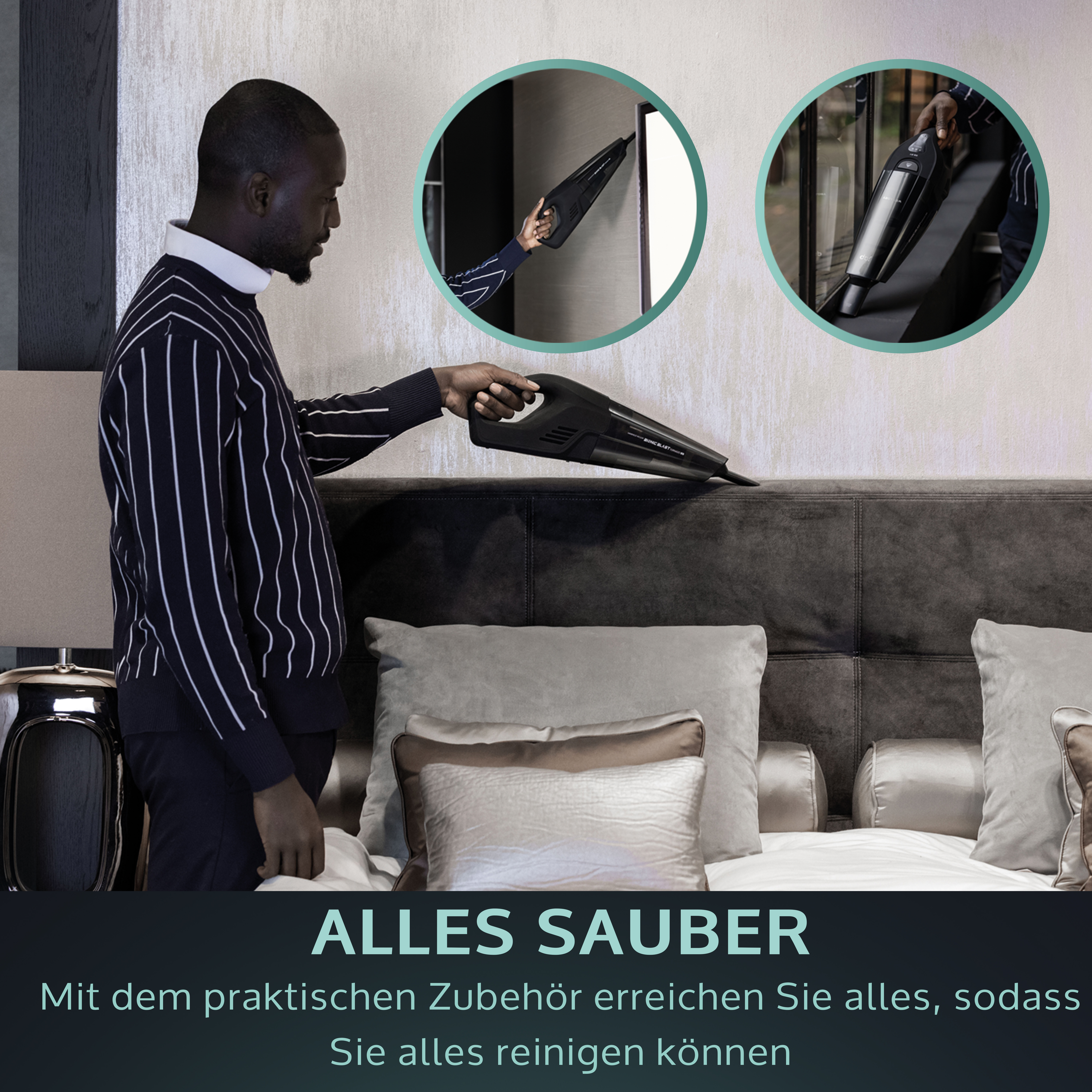 Man vacuuming a bed with a handheld vacuum cleaner, text overlay.