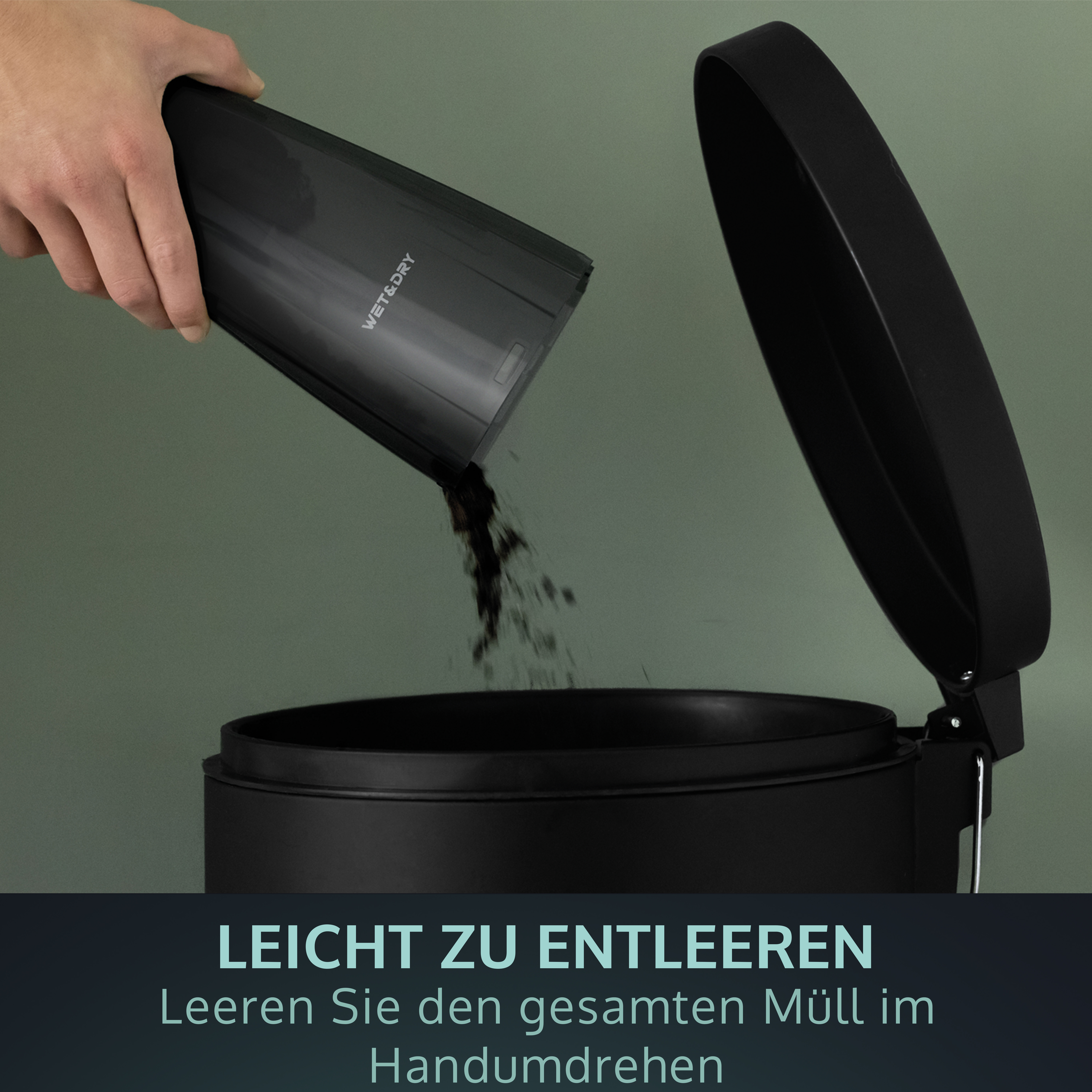 A hand emptying a black trash can into a black bin, with text below.