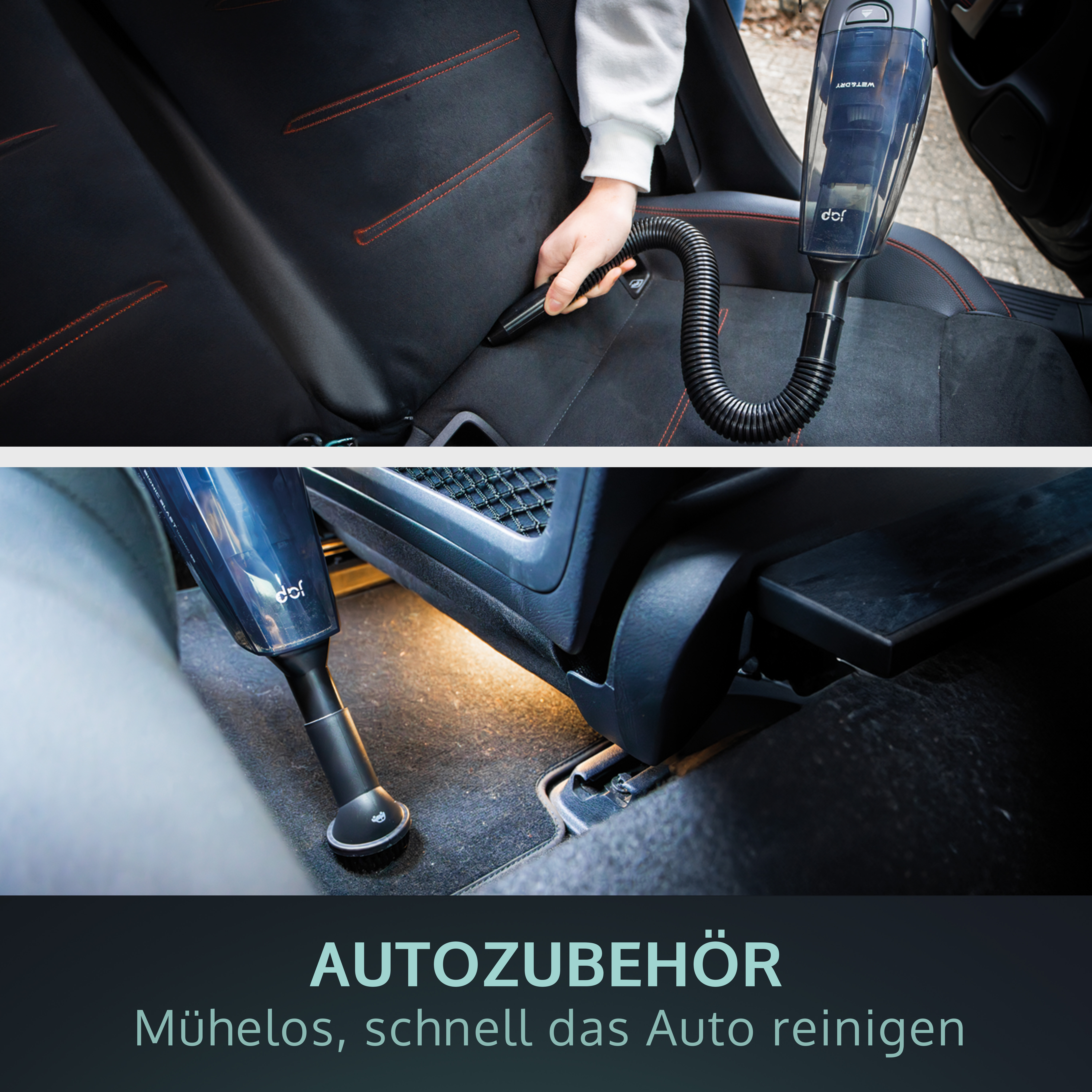 A person cleaning a car interior with a handheld vacuum cleaner. The text says "AUTOZUBEHÖR".
