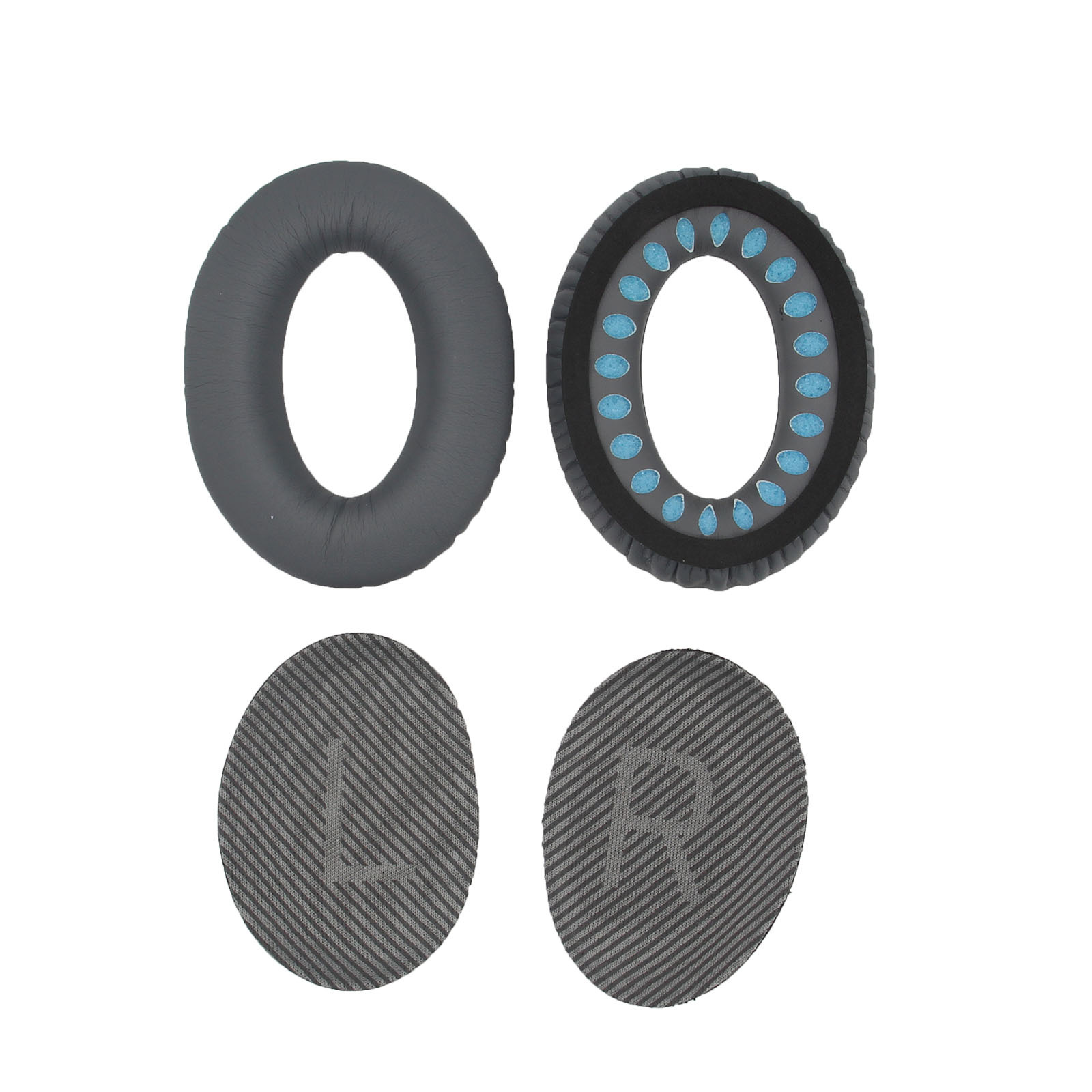 Dwie szare nausznice i dwie poduszki na uszy pokryte tkaniną, oznaczone L i R.