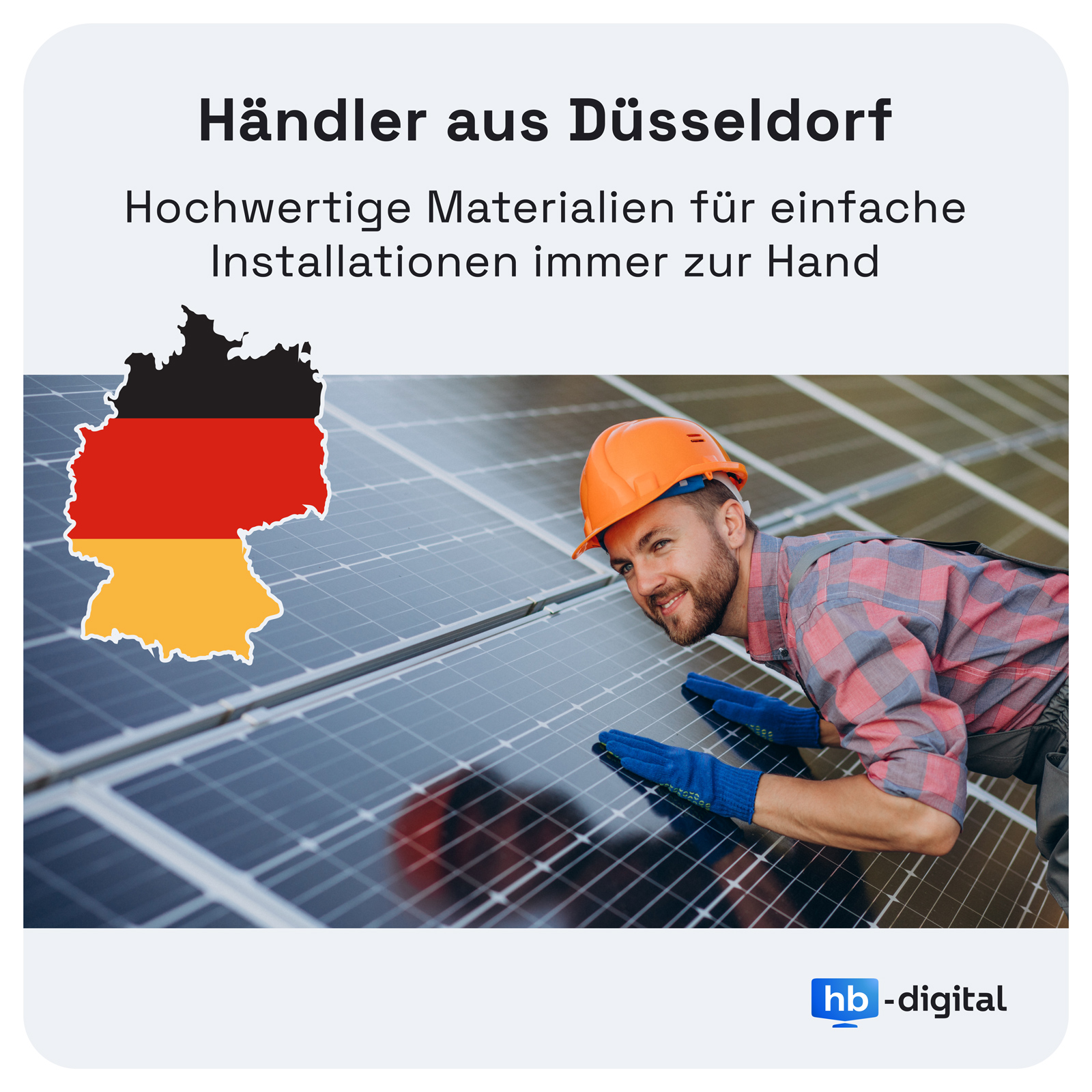 Bild zeigt einen Mann, der an Solarmodulen arbeitet. Eine deutsche Flaggenkontur und Text über das Geschäft.