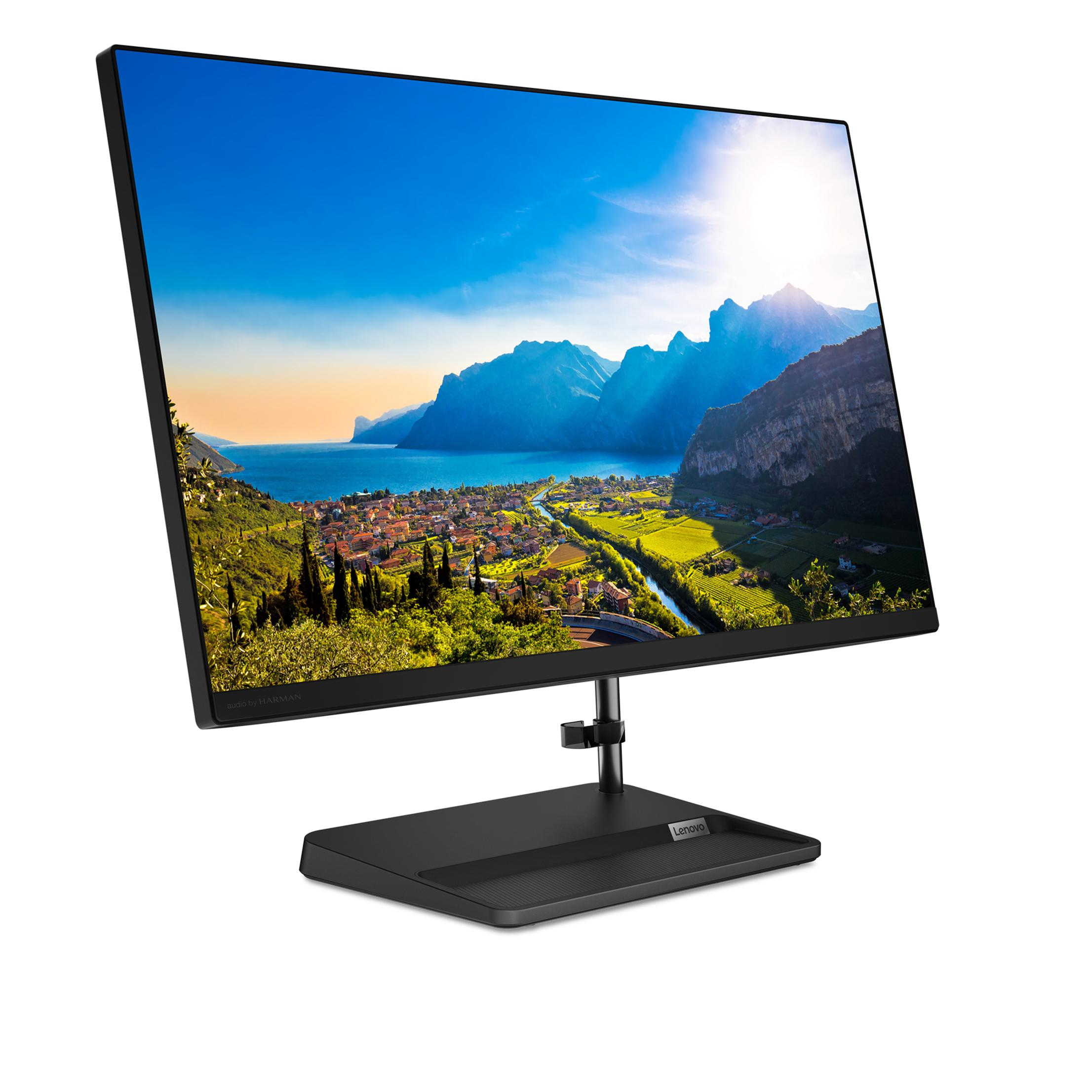 Lenovo-Monitor mit malerischem Hintergrund. Anzeige zeigt Berge, See und Bäume. Schwarzer Ständer.