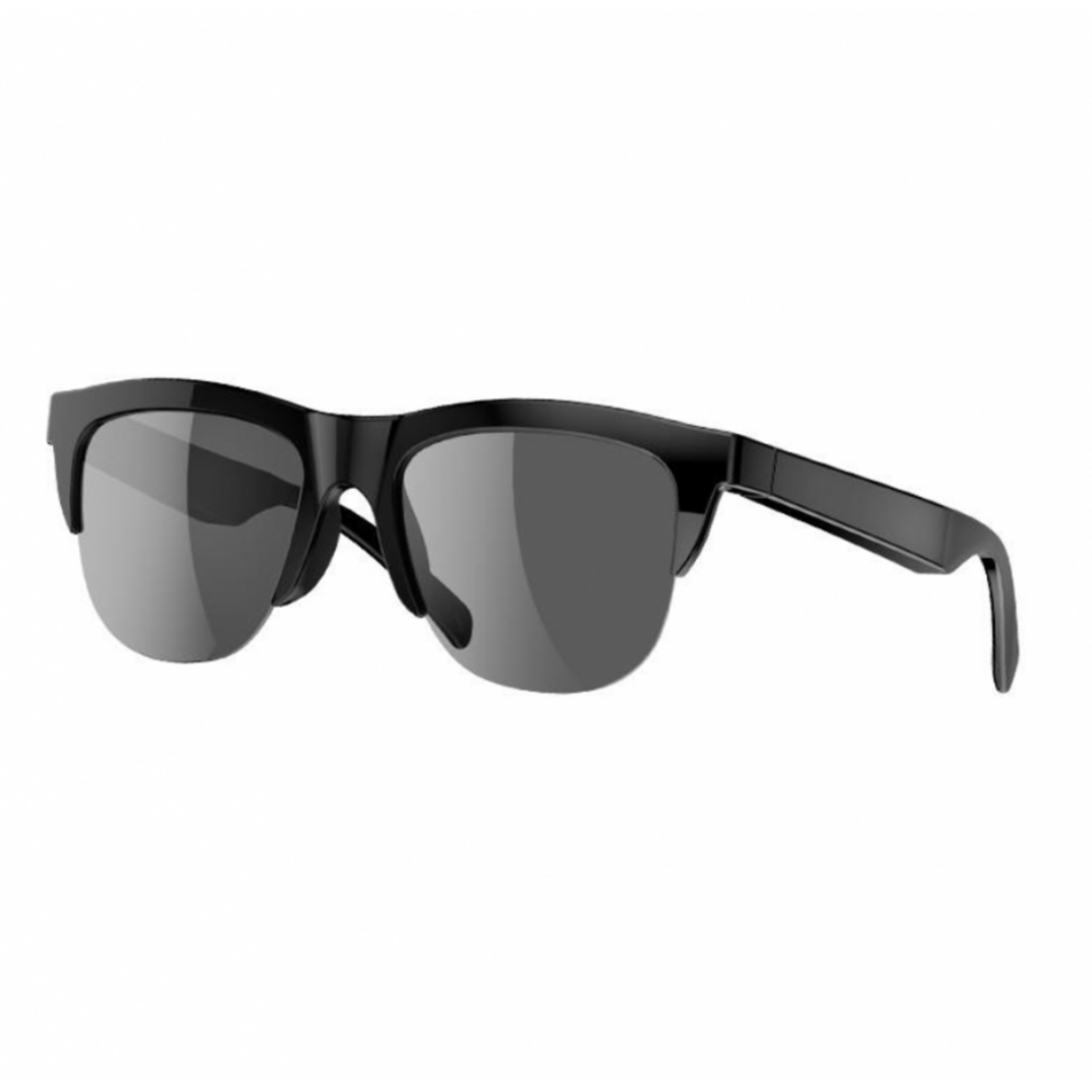 Gafas de sol negras con lentes grises, ligeramente anguladas, sobre fondo blanco.
