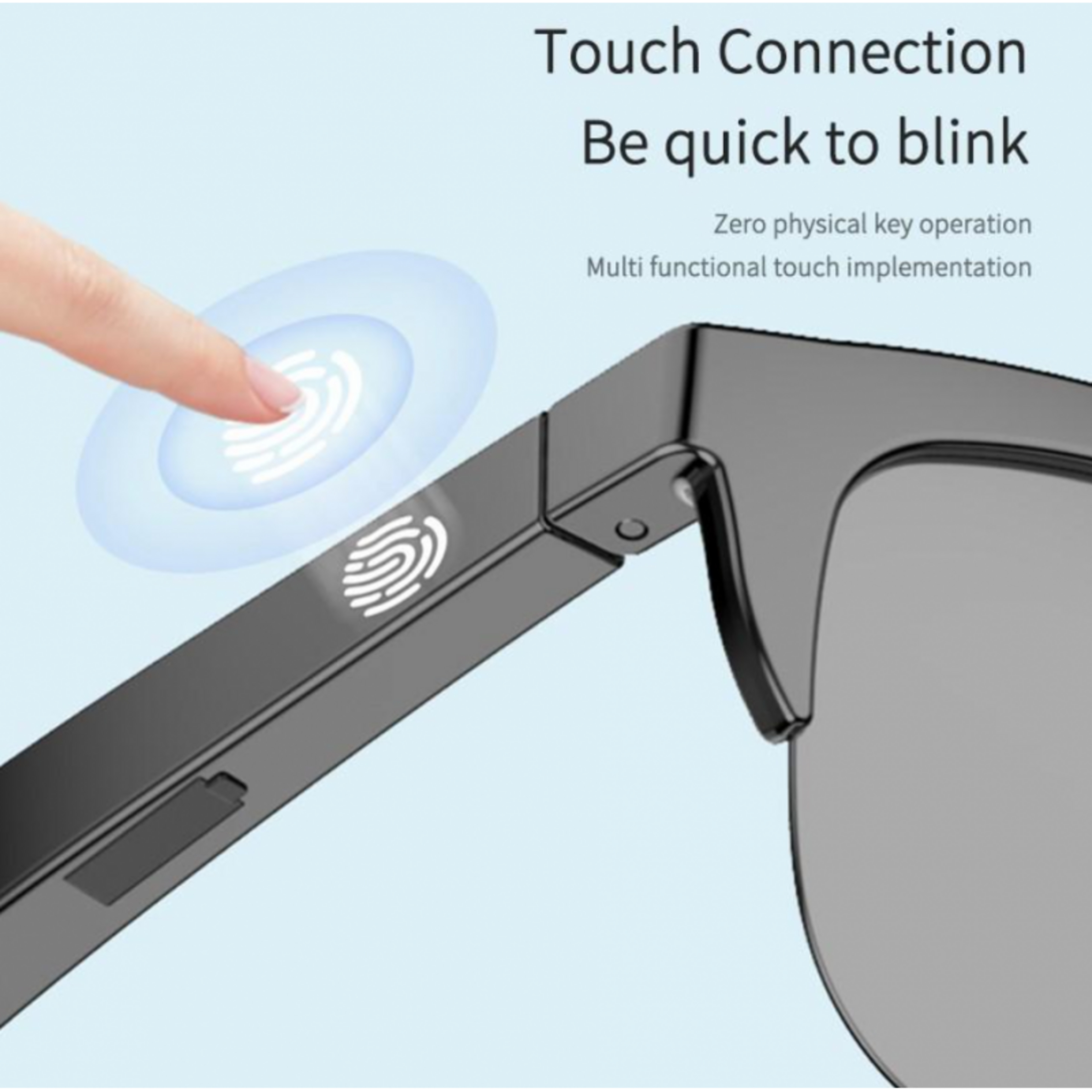 Primer plano de gafas inteligentes. Un dedo toca las gafas, mostrando un icono de huella digital.