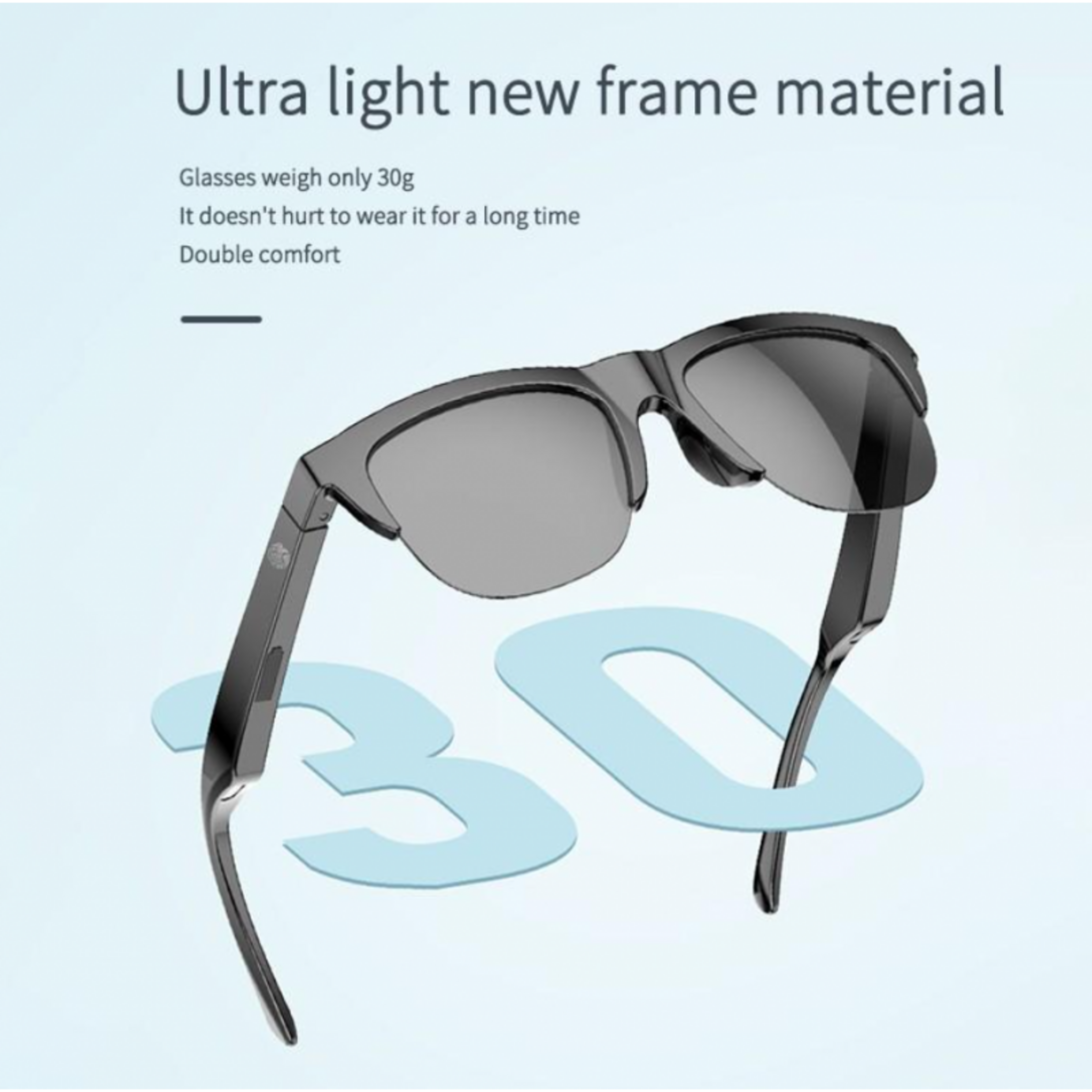 Gafas de sol negras con fondo azul claro y el texto "Ultra light new frame material".