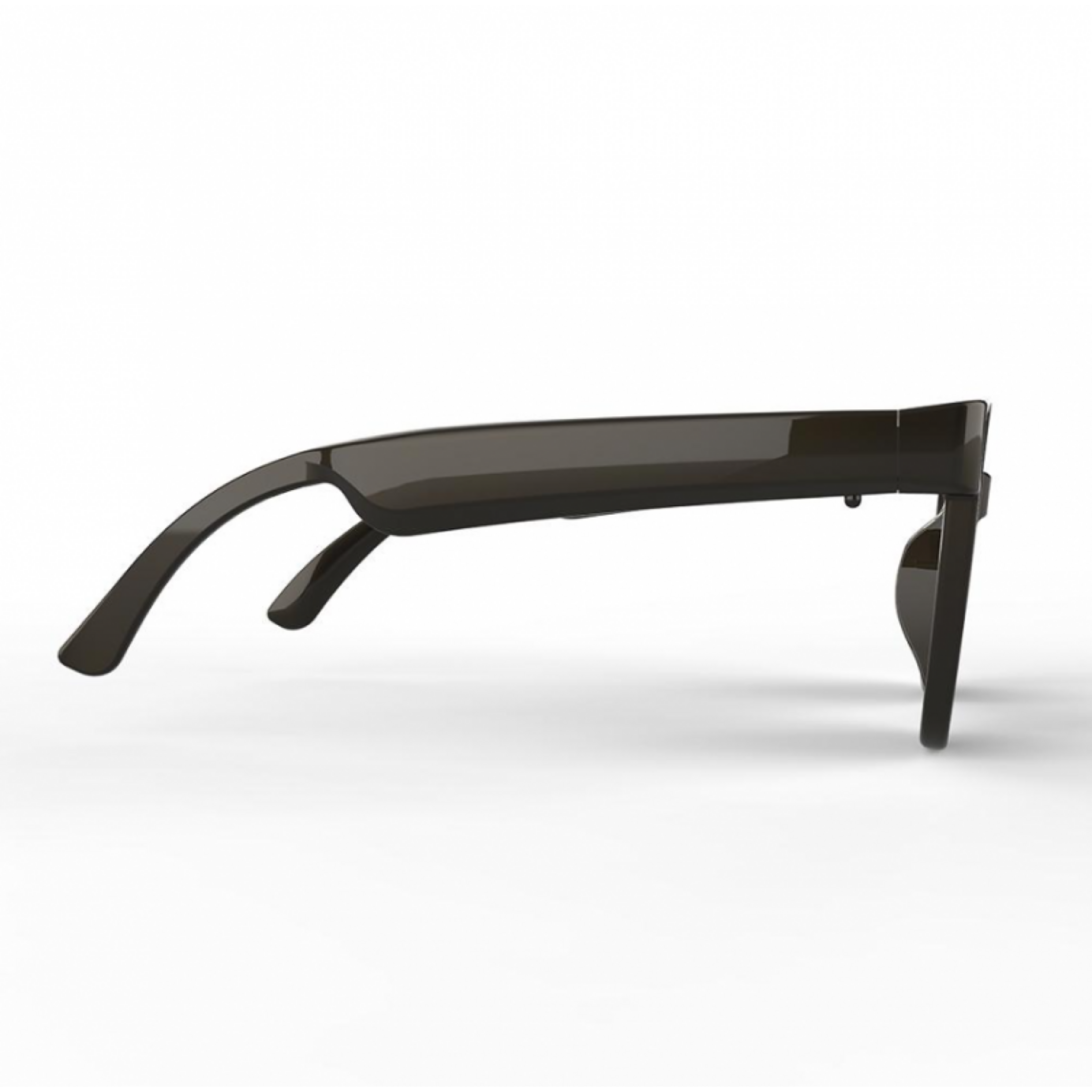 Gafas de sol con montura negra, vista lateral, mostrando la forma y la curva de la montura.