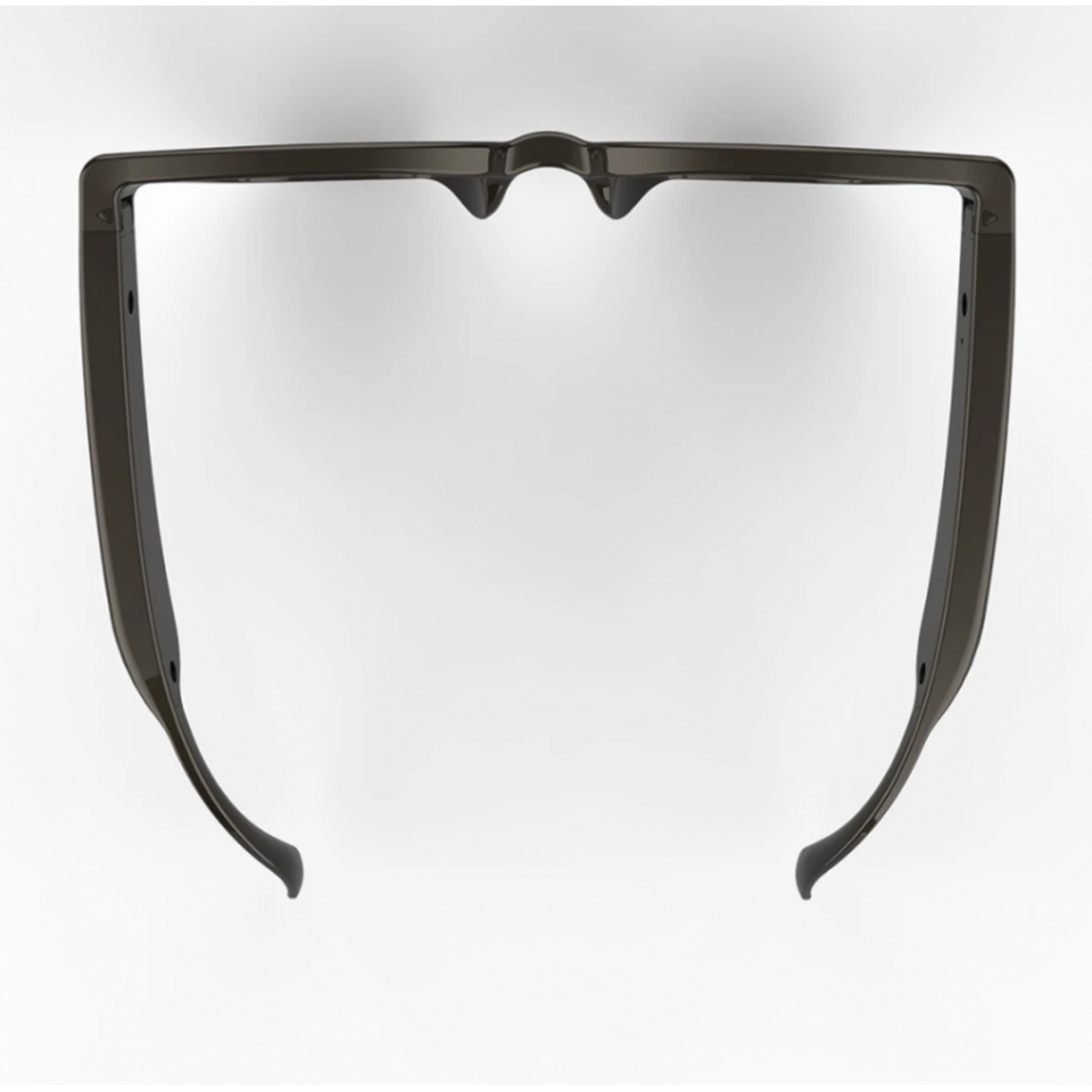 Montura de gafas negra, vista superior, con fondo blanco.