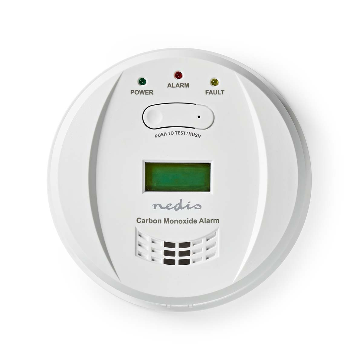Allarme monossido di carbonio bianco con spia verde e display.