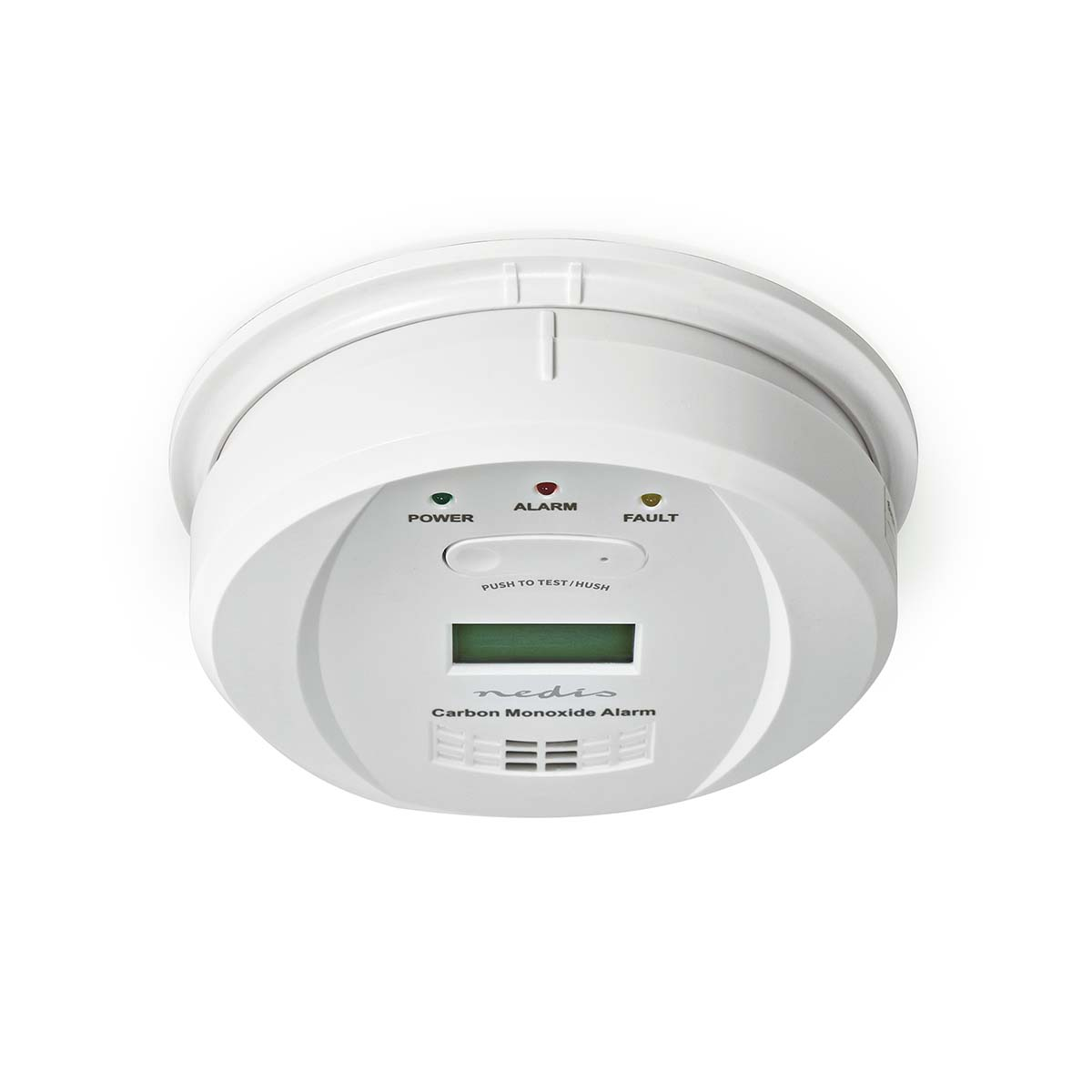 Allarme monossido di carbonio bianco, rotondo, con indicatori e display.