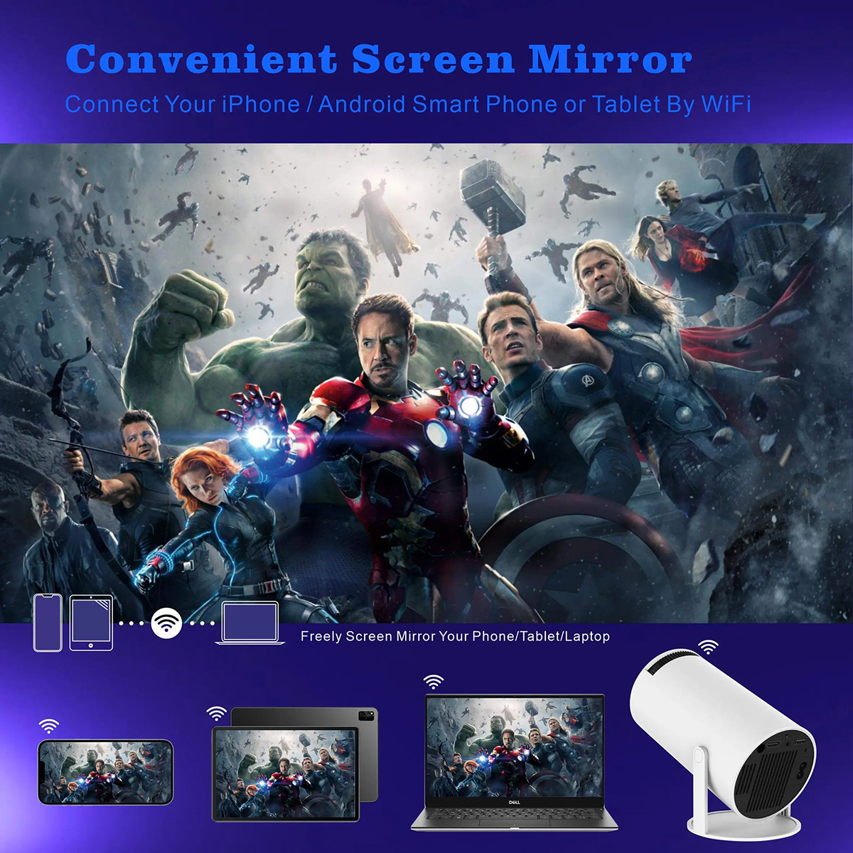 Imagen que promociona la duplicación de pantalla, mostrando superhéroes, teléfonos, tabletas y un proyector.