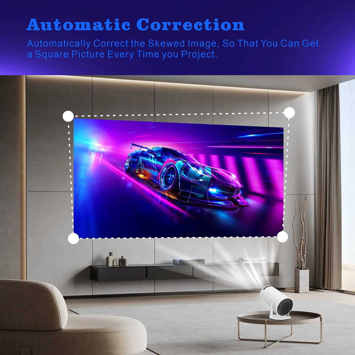 Proyector mostrando imagen de coche, texto sobre corrección automática en pared.