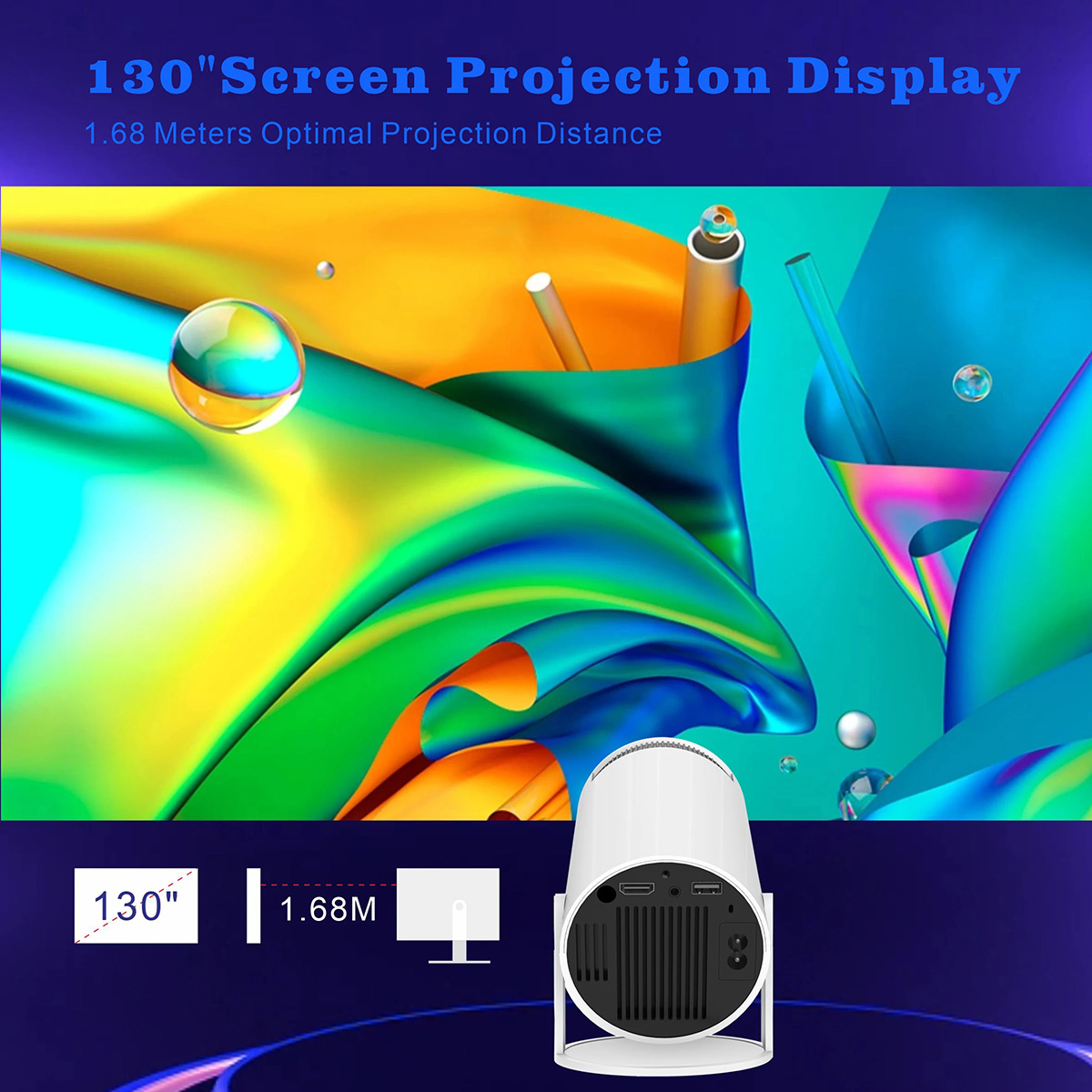 Un proyector blanco muestra una imagen colorida sobre un fondo azul con texto y elementos gráficos.