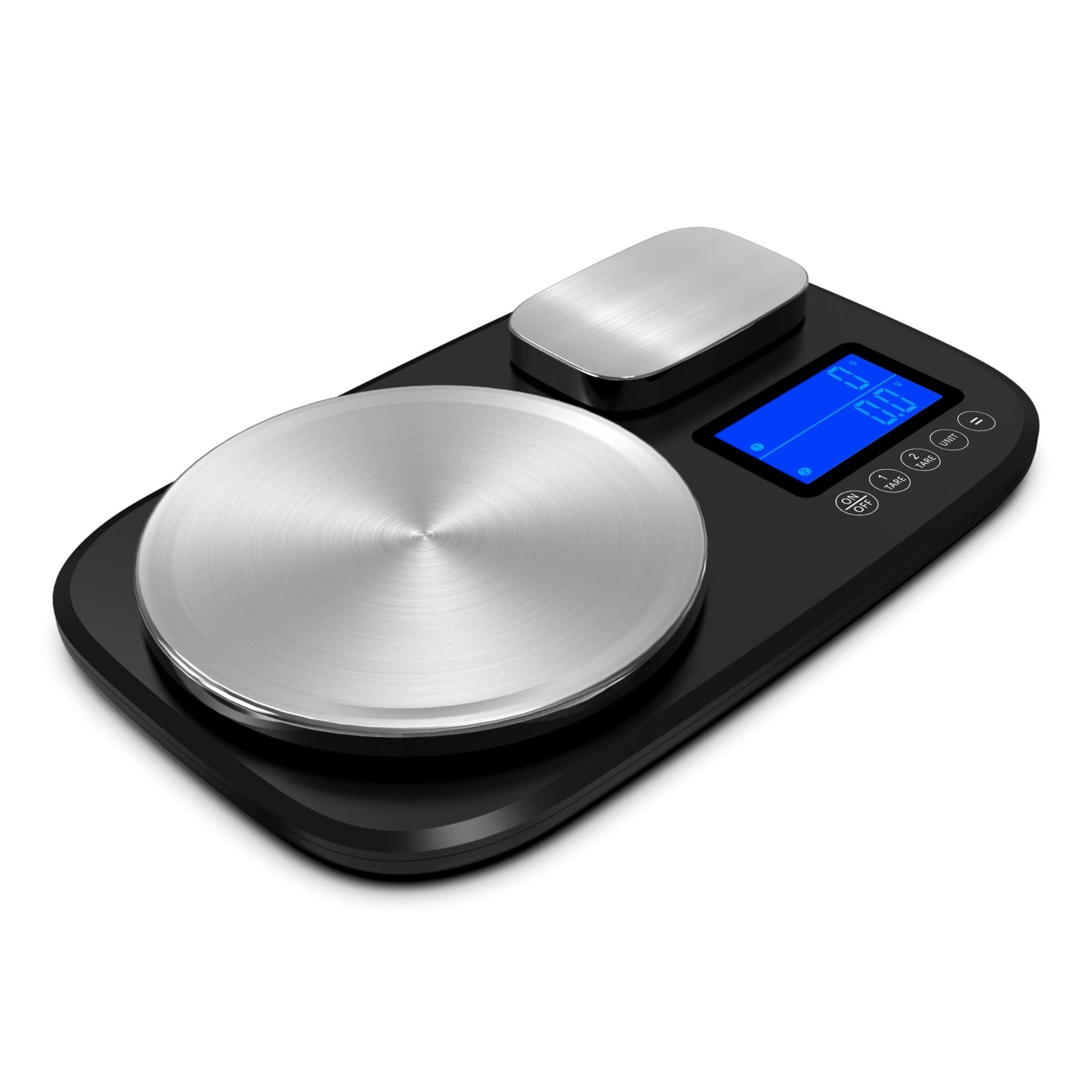 Bilancia da cucina digitale nera con piattaforme argentate e display digitale.