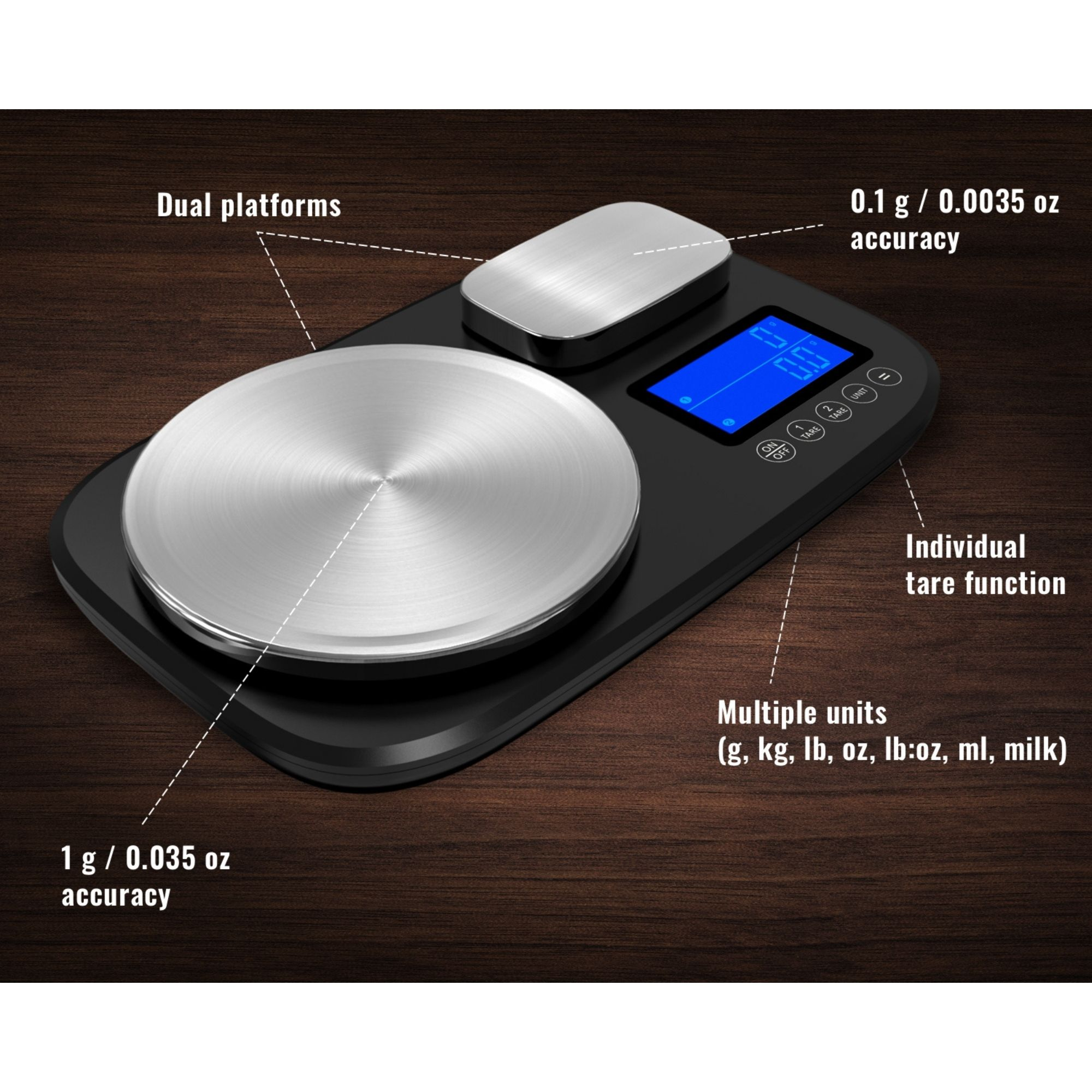 Bilancia da cucina digitale nera con doppie piattaforme e display. Le etichette mostrano precisione e unità.