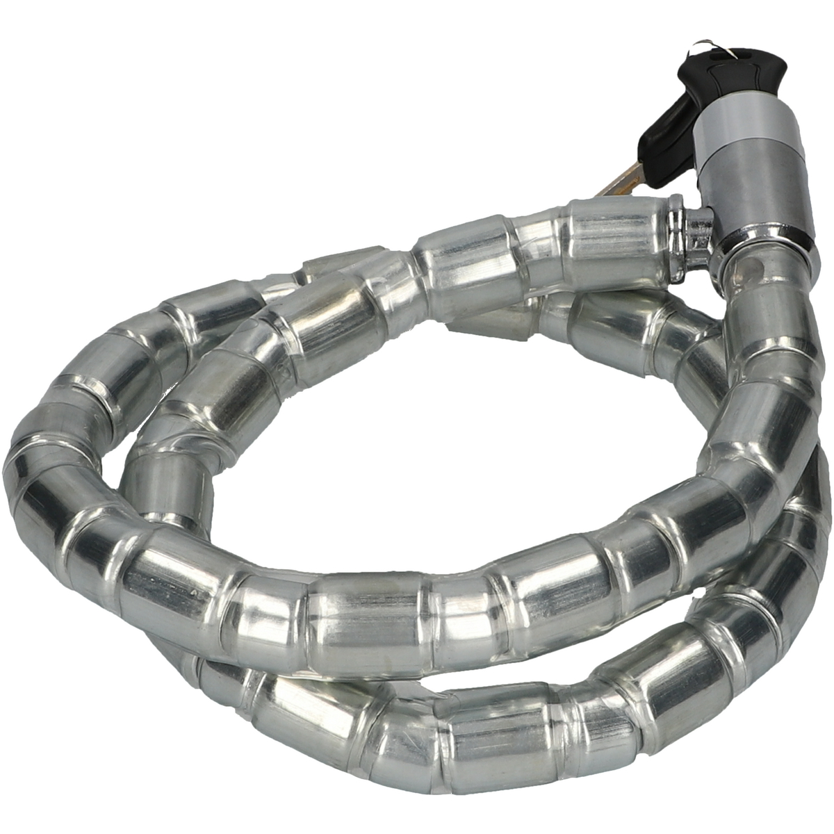 Silbernes Fahrradschloss aus Metall, spiralförmig, mit Schlüssel im Schließmechanismus.