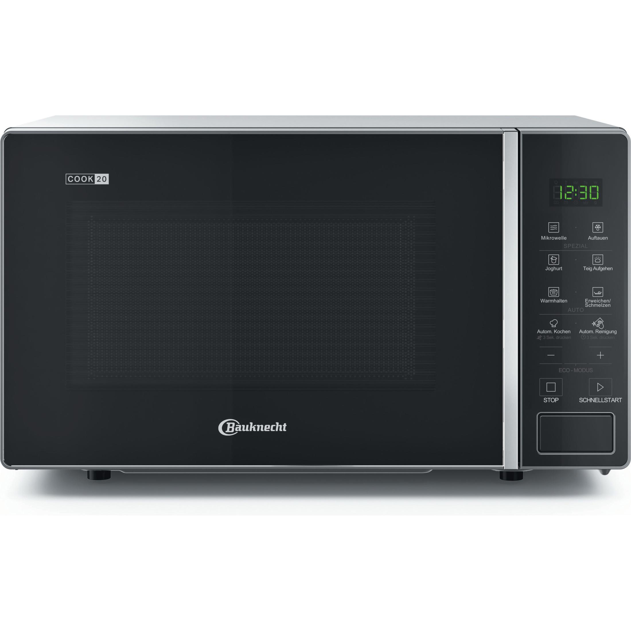 Eine schwarze Mikrowelle mit digitaler Anzeige. Der Hintergrund ist weiß. Die Mikrowelle hat Knöpfe.