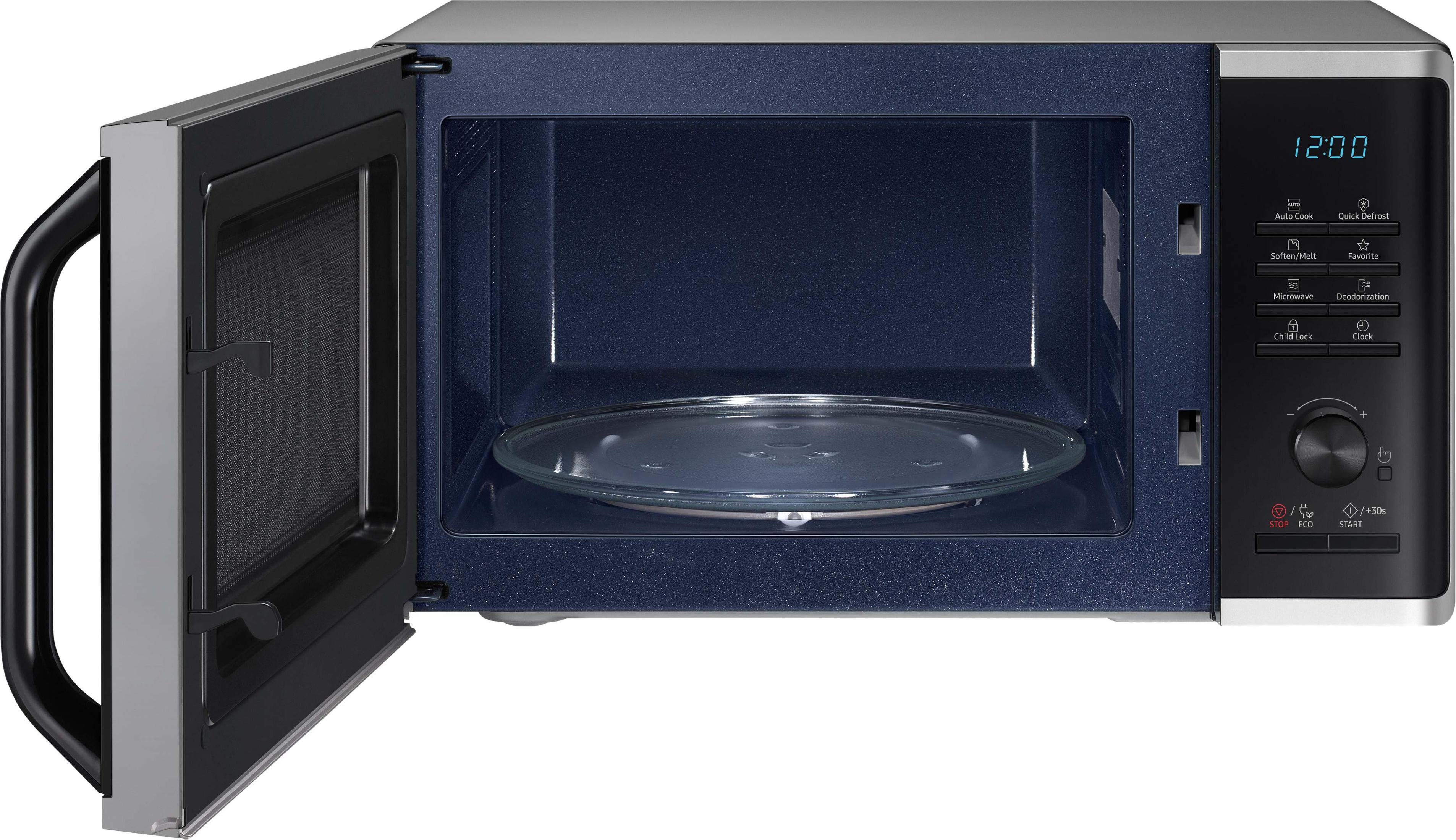 Microwave with the door open, showing the interior with a glass plate.