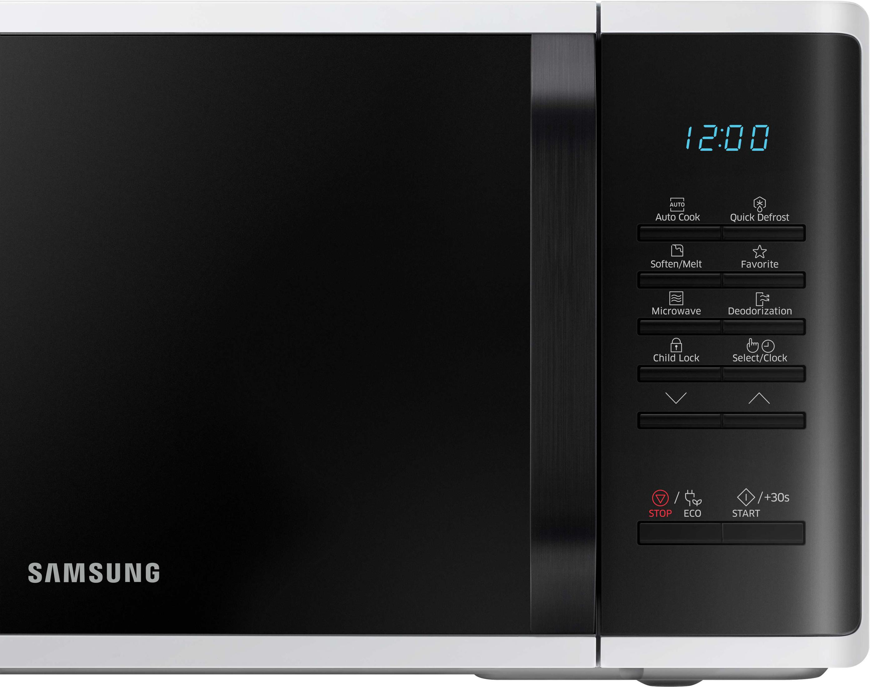 Microondas blanco y negro con pantalla. Botones de configuración. Fondo blanco.