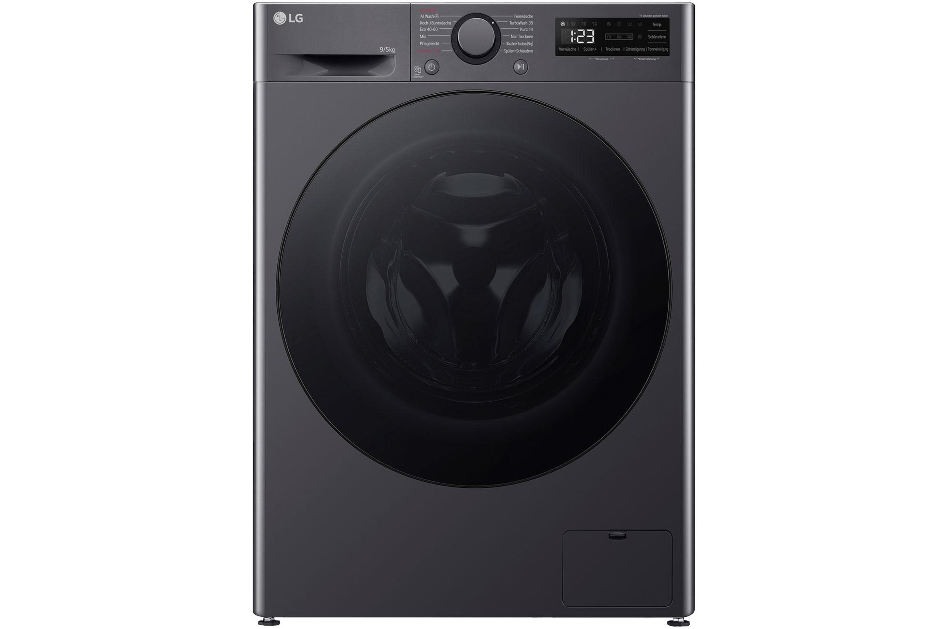 Dunkelgraue LG Waschmaschine. Die Maschine hat eine dunkle Tür, Digitalanzeige und Bedienfeld.