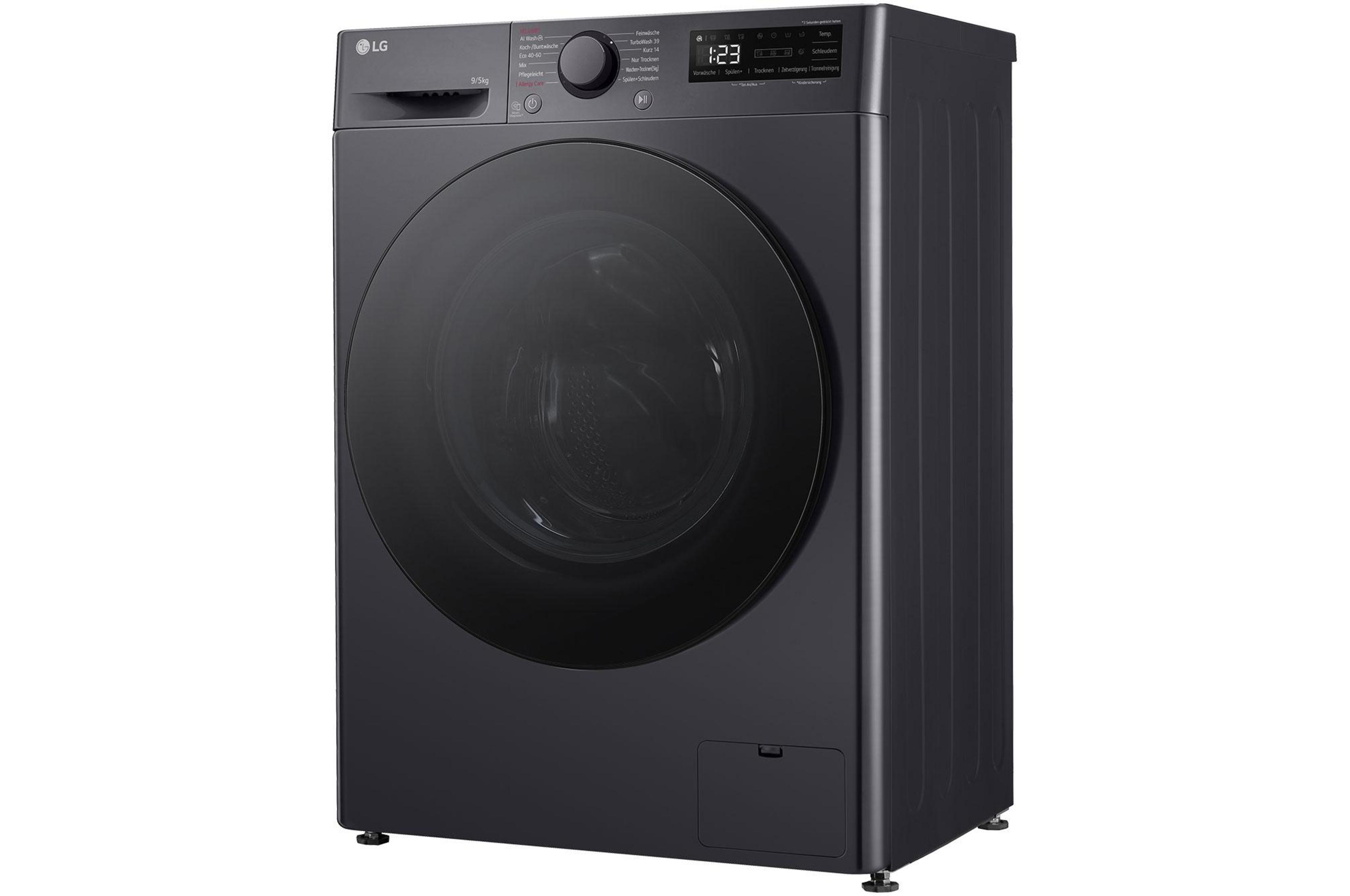 Eine schwarze LG Waschmaschine mit Digitalanzeige und geschlossener Tür.