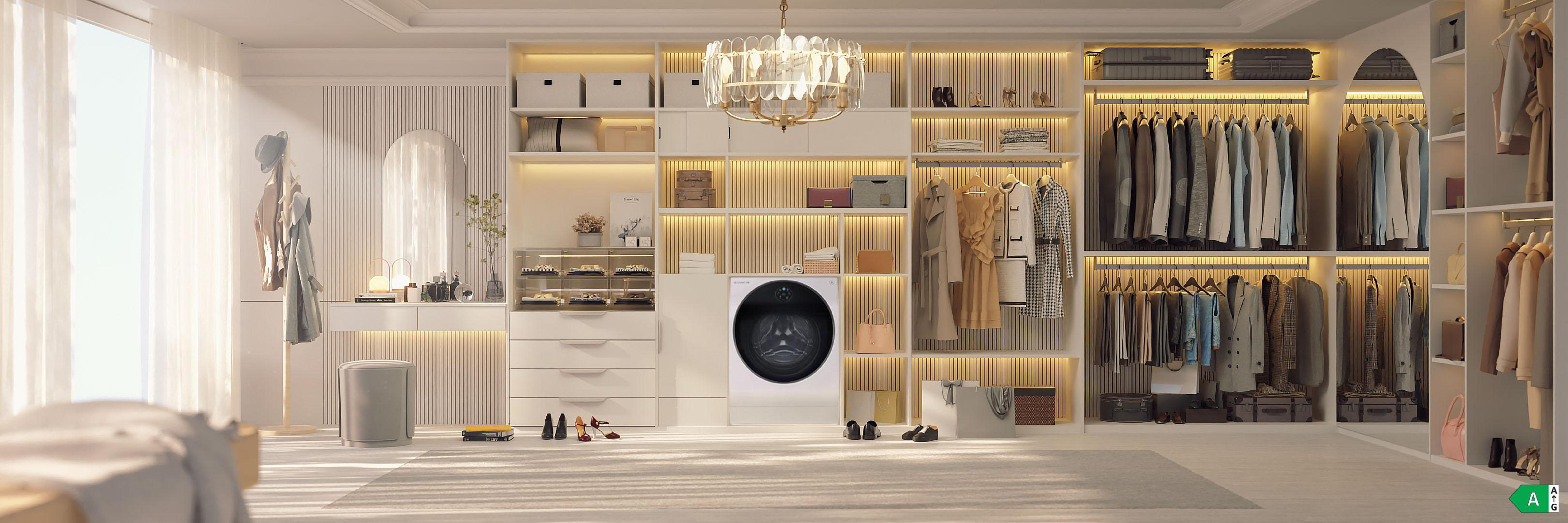 Ein luxuriöser begehbarer Kleiderschrank mit Waschmaschine, Kleiderständern und Kronleuchter.