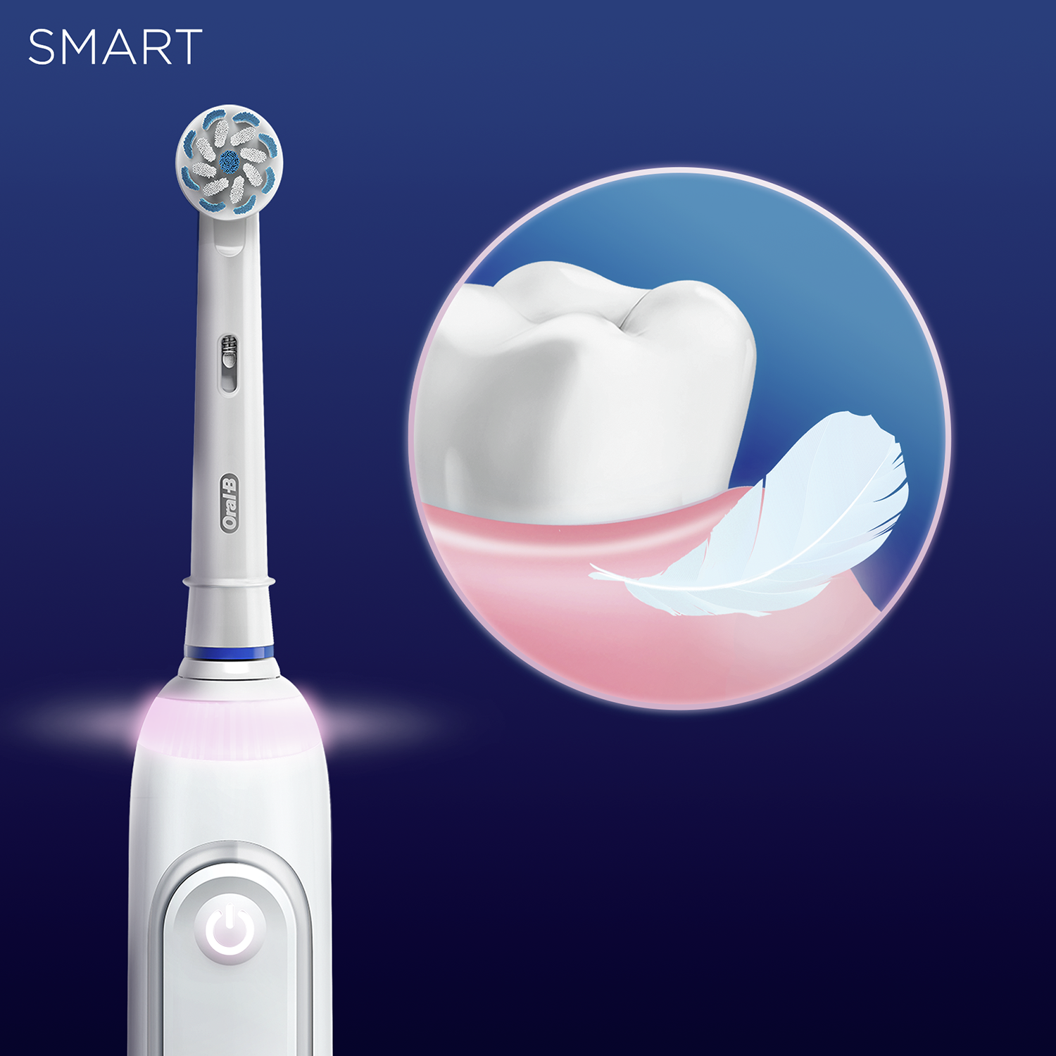 Un cepillo de dientes eléctrico Oral-B blanco, con una imagen de cerca de un diente y una pluma.
