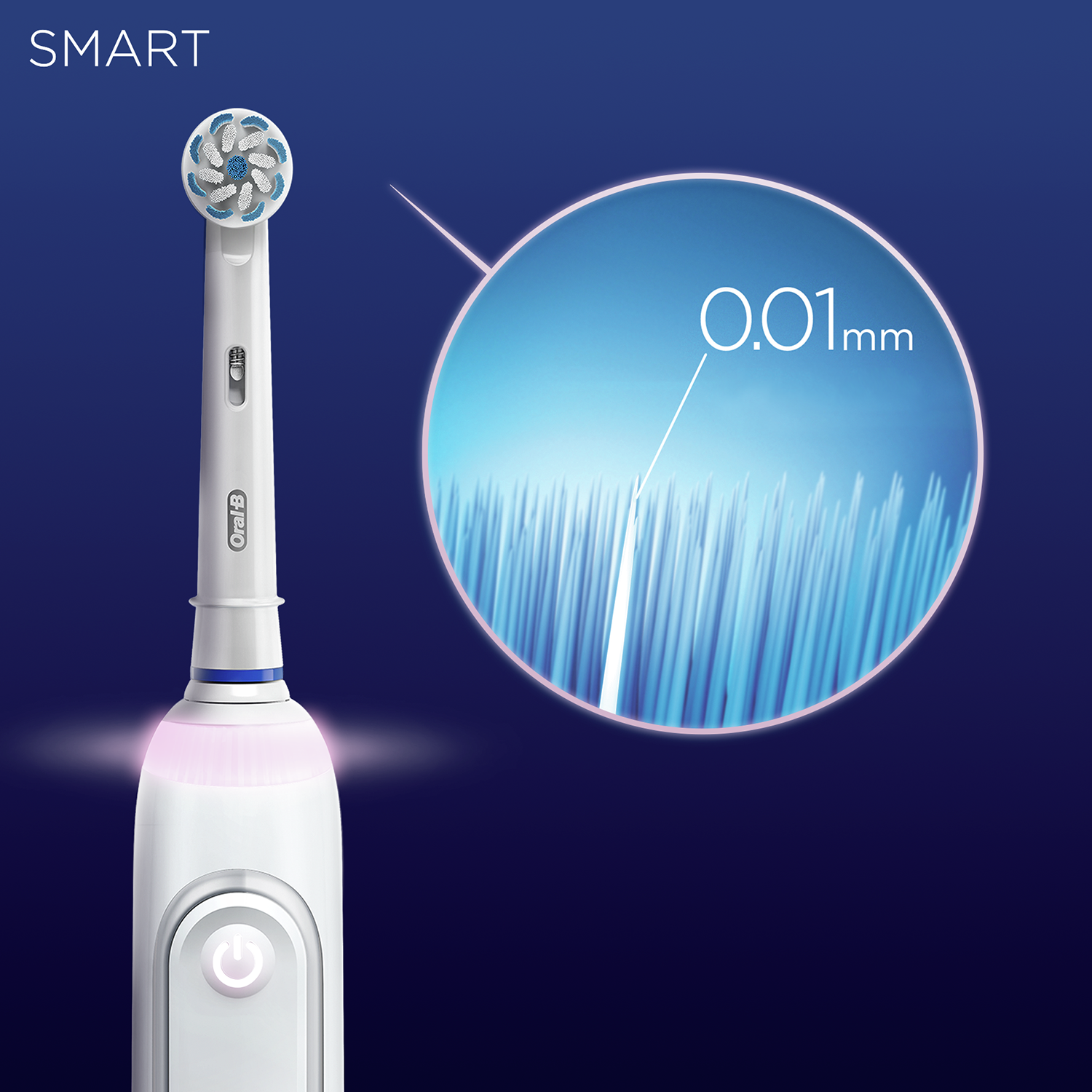 Primer plano de un cabezal de cepillo de dientes eléctrico con una vista ampliada de las cerdas.
