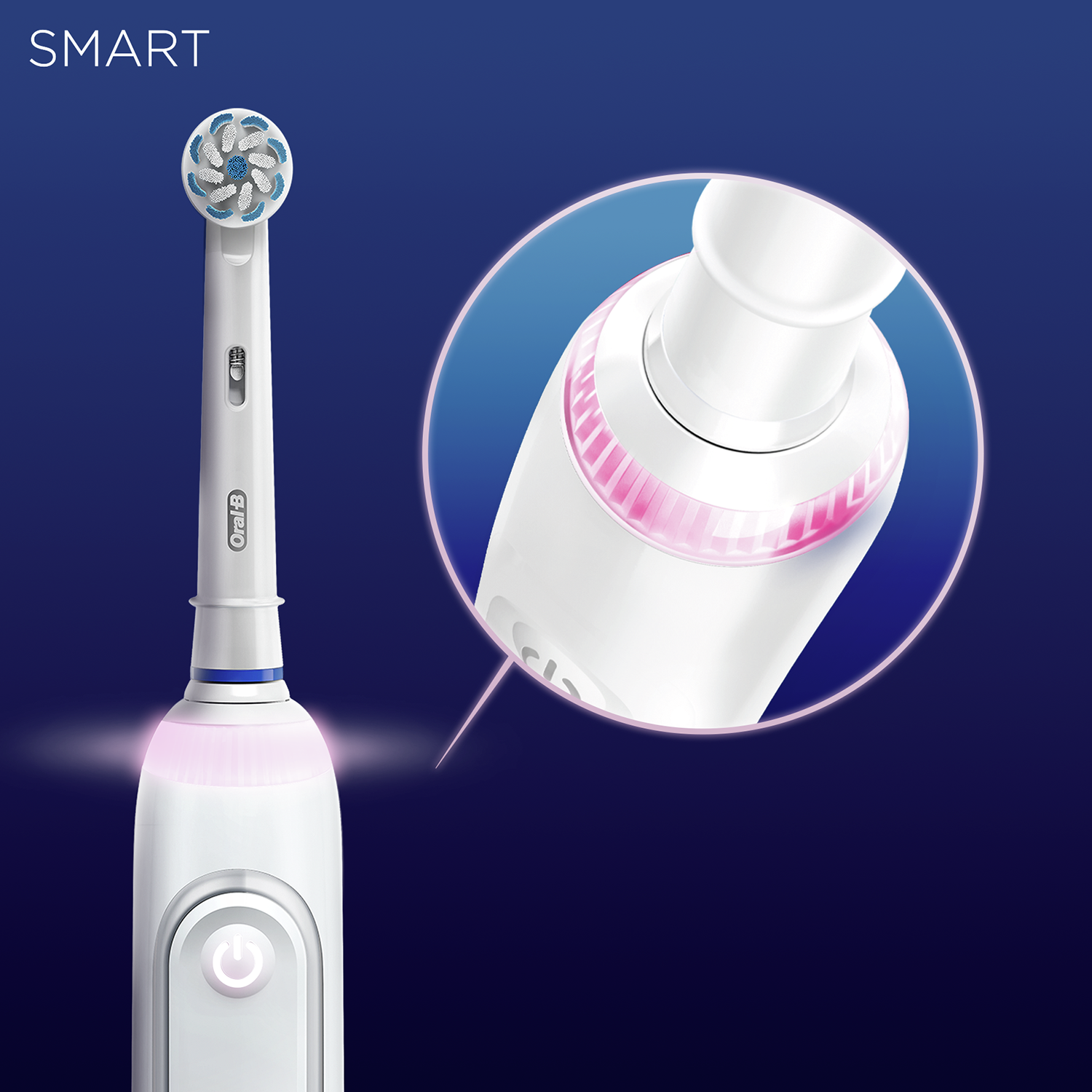 Un cepillo de dientes eléctrico Oral-B blanco y azul con un primer plano del cabezal.