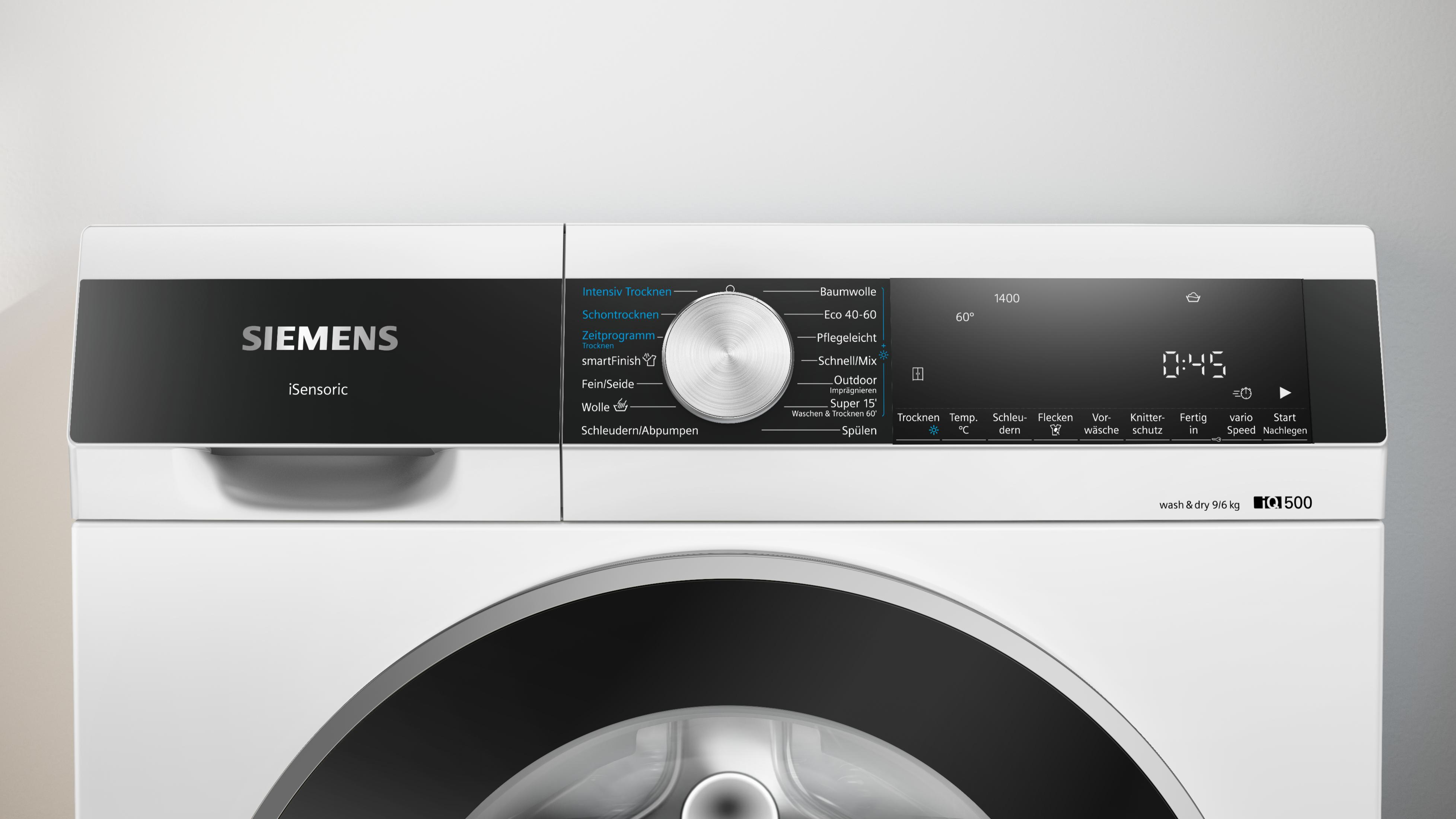 Nahaufnahme des Bedienfelds einer Waschmaschine. Zu den Merkmalen gehören Siemens, iSensoric und ein Display.