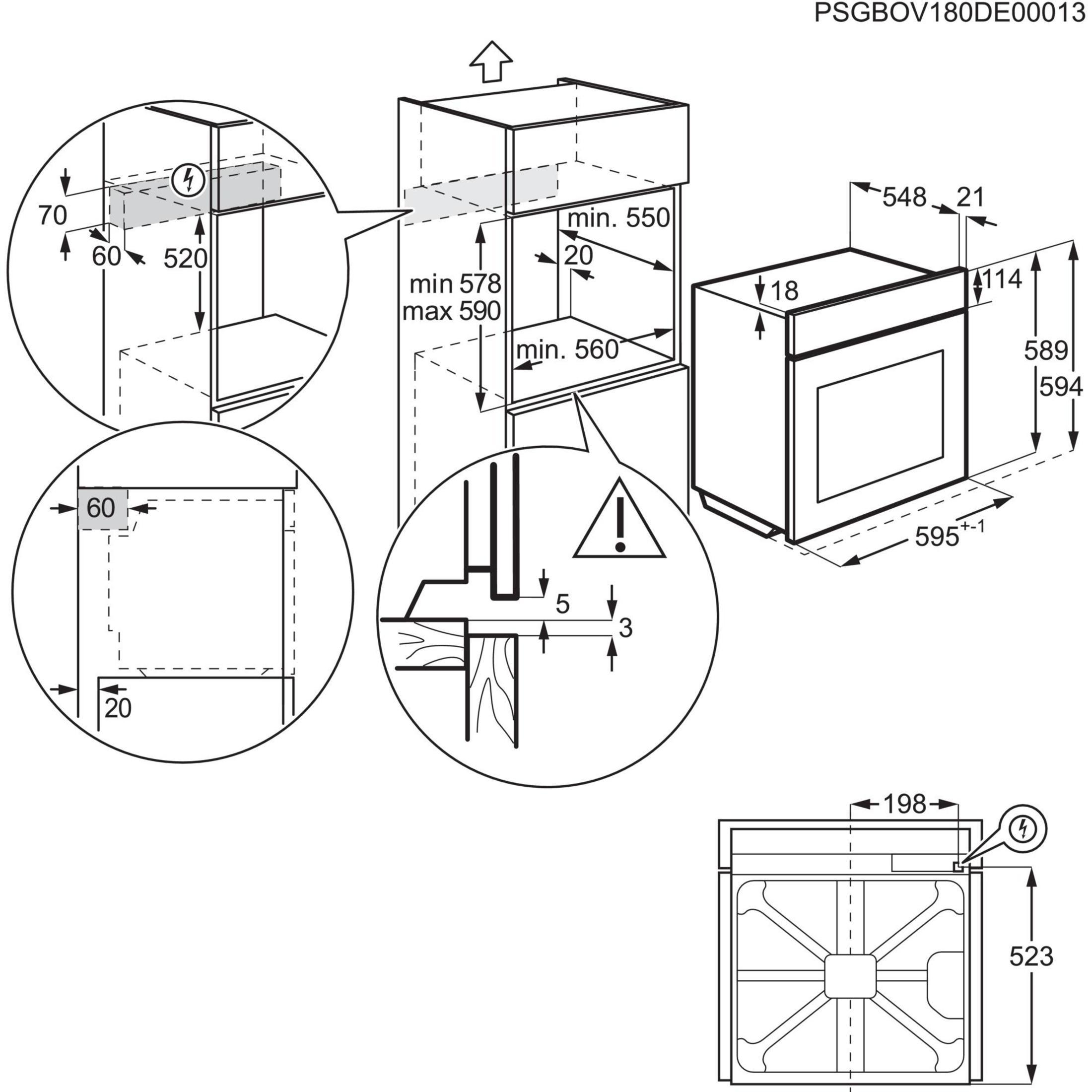 Diagramm eines Ofens mit Maßen und Detailansichten.