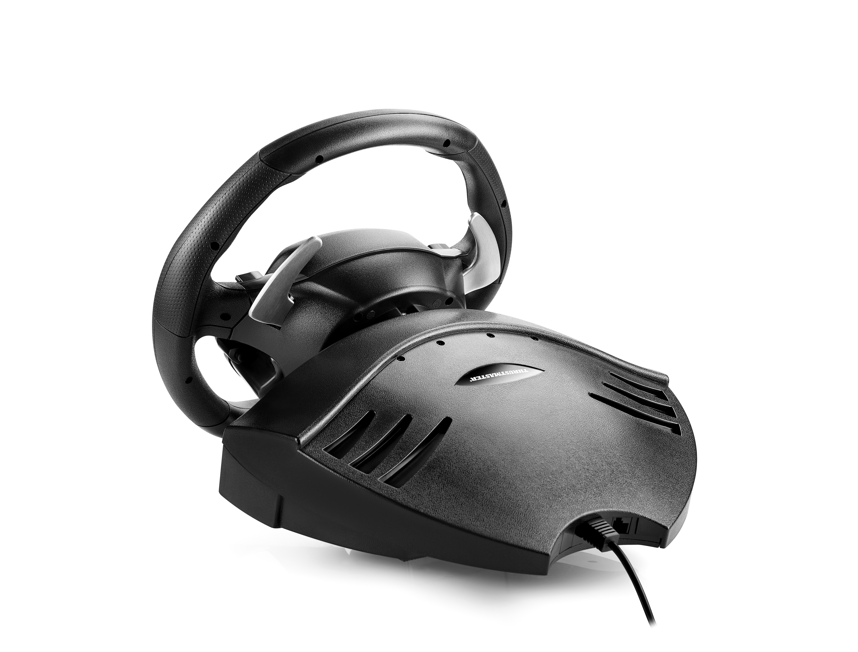 Ein schwarzes Gaming-Lenkrad und -Basis mit schwarzem Kranz, Knöpfen und Netzkabel.