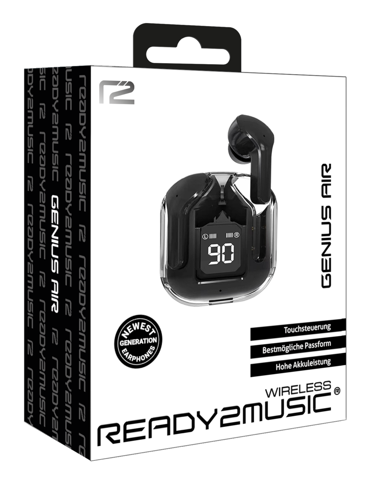 Eine weiße Box mit Ready2music-Wireless-Ohrhörern. Die Box zeigt einen Ohrhörer mit digitaler Anzeige.