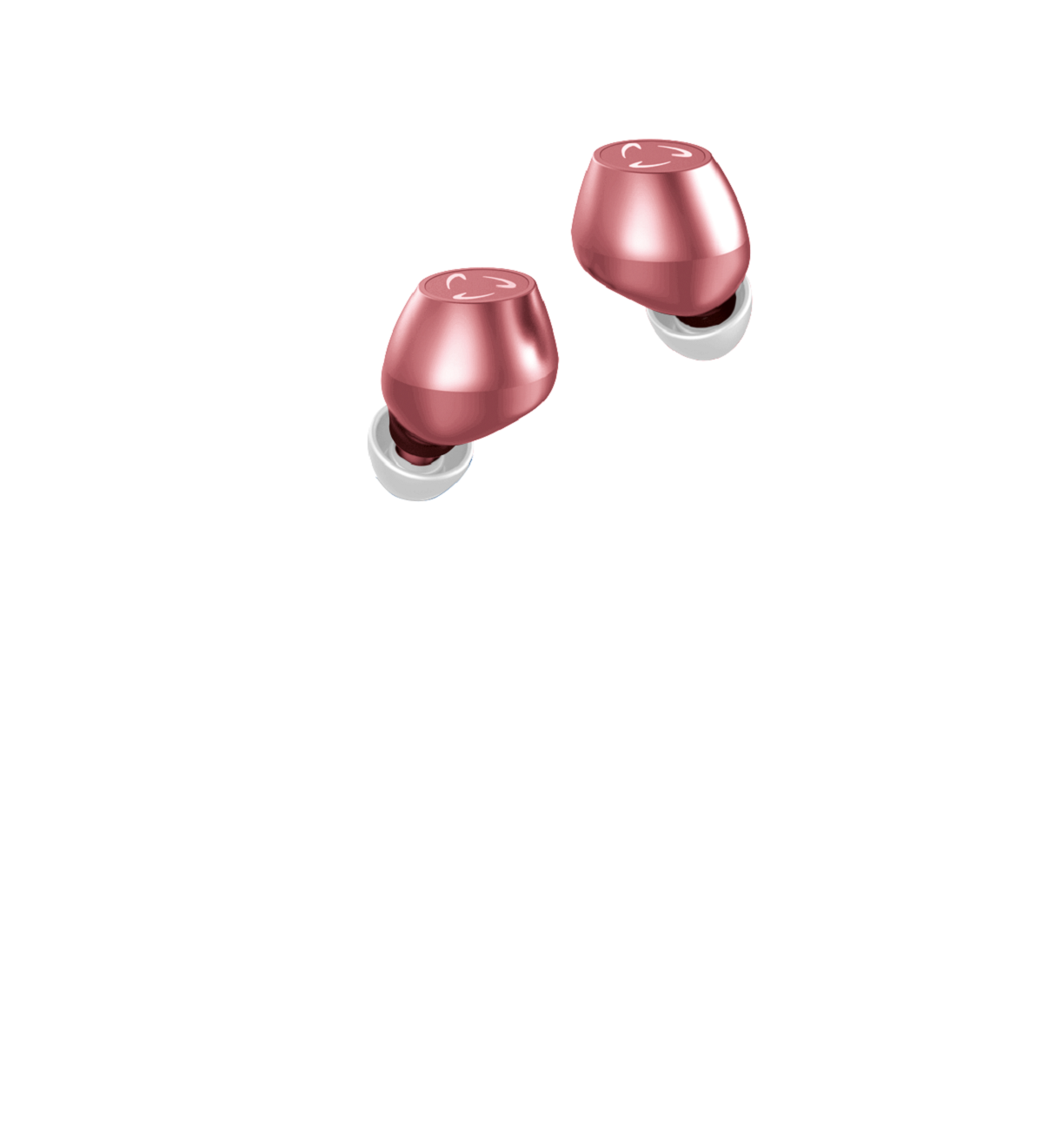 Deux écouteurs or rose. Ils sont isolés sur fond blanc.