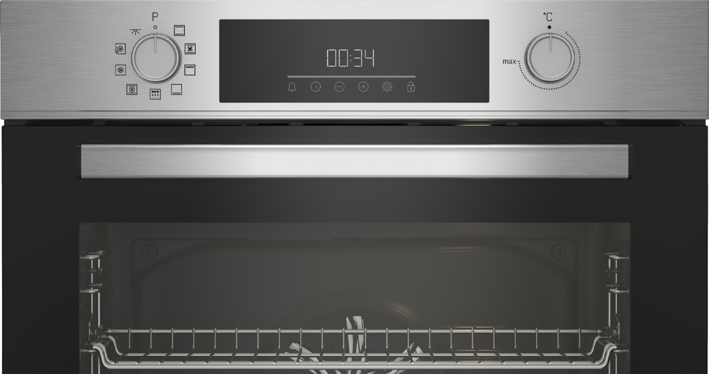 Backofen-Bedienfeld mit Zeitanzeige, Drehreglern für Leistung und Temperatureinstellungen.