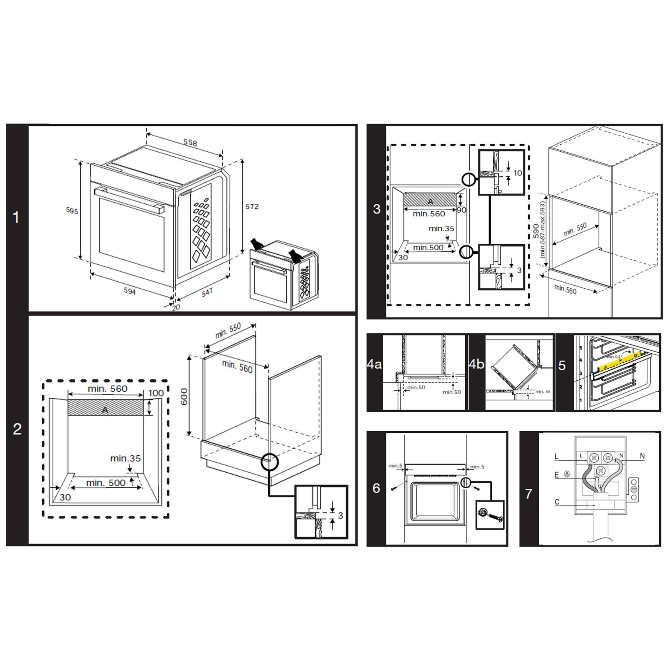 Diagramm eines Einbauofens mit Abmessungen und Installationsanweisungen.