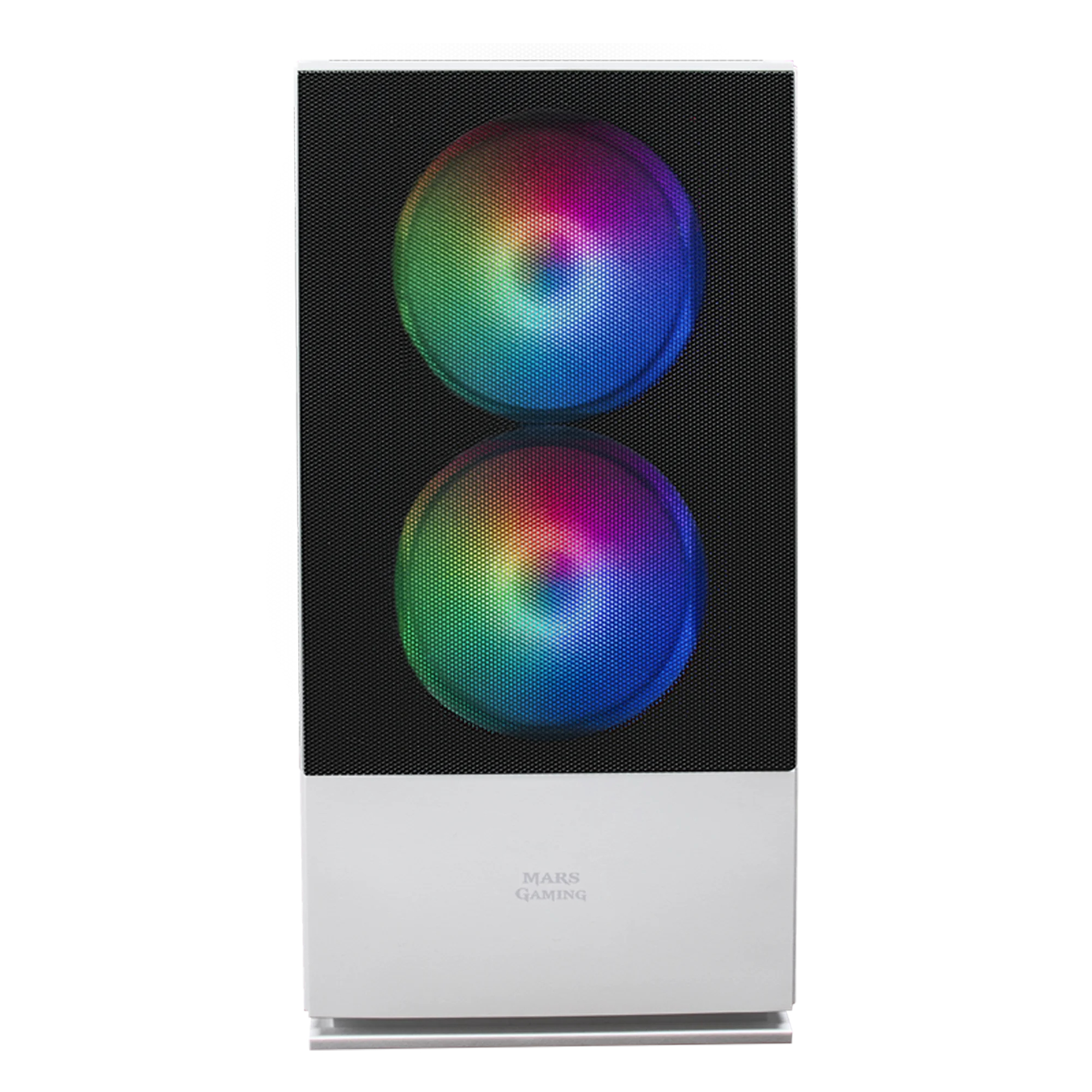 Una caja de computadora blanca con dos ventiladores RGB visibles a través de un panel frontal de malla.