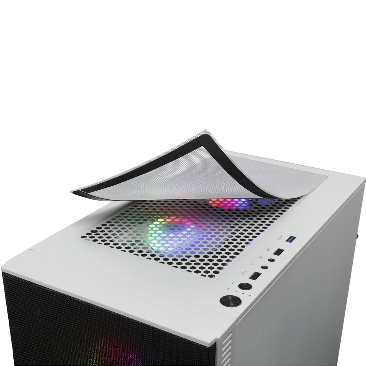 Caja de computadora con parte superior abierta, mostrando ventiladores RGB y filtro.