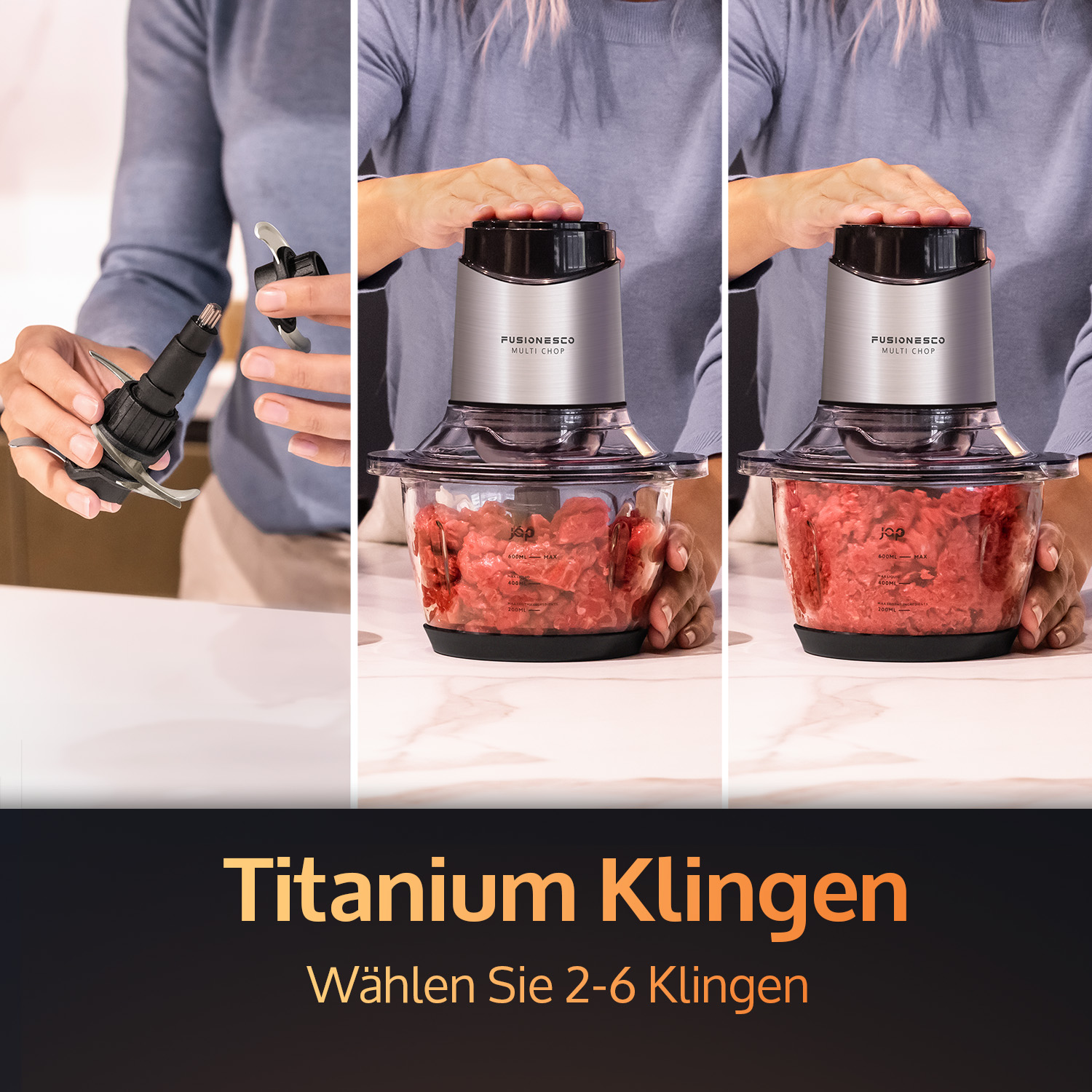 Three-image sequence showing a food processor being assembled and used. Text: Titanium Blades.
