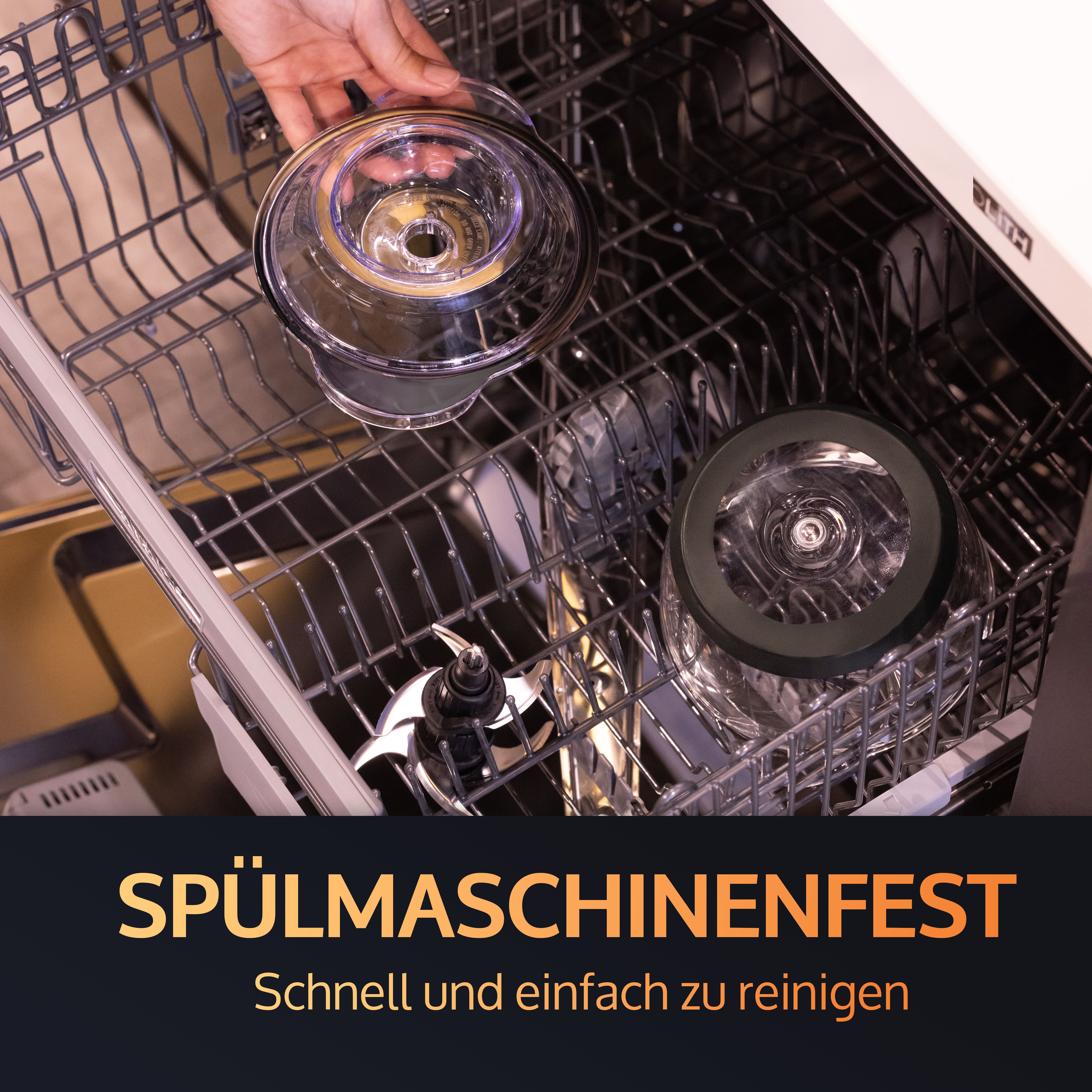 Dishwasher with a hand placing a glass container inside. Text says dishwasher safe.