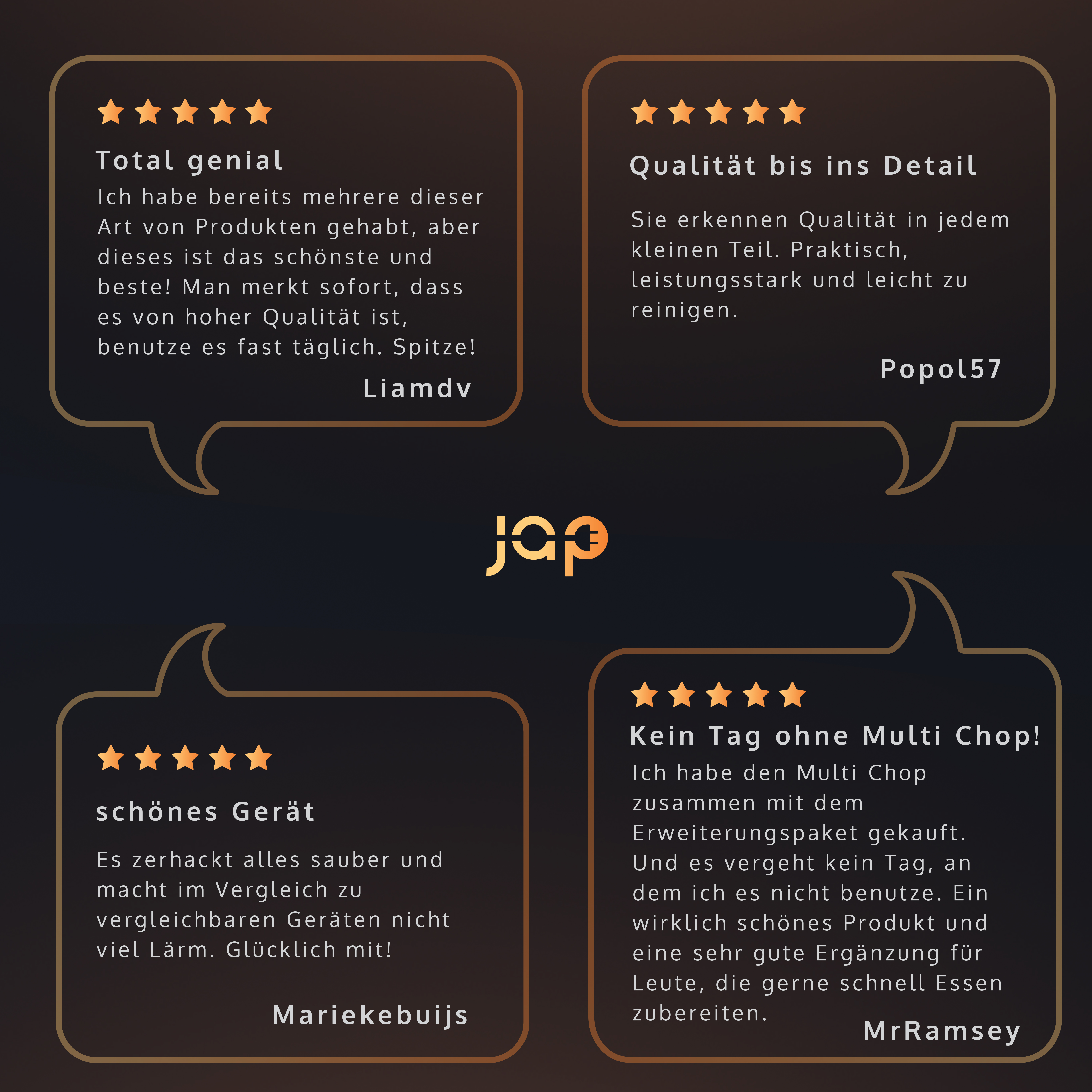Four speech bubbles with customer reviews, each with star ratings and text in German, promoting a product.