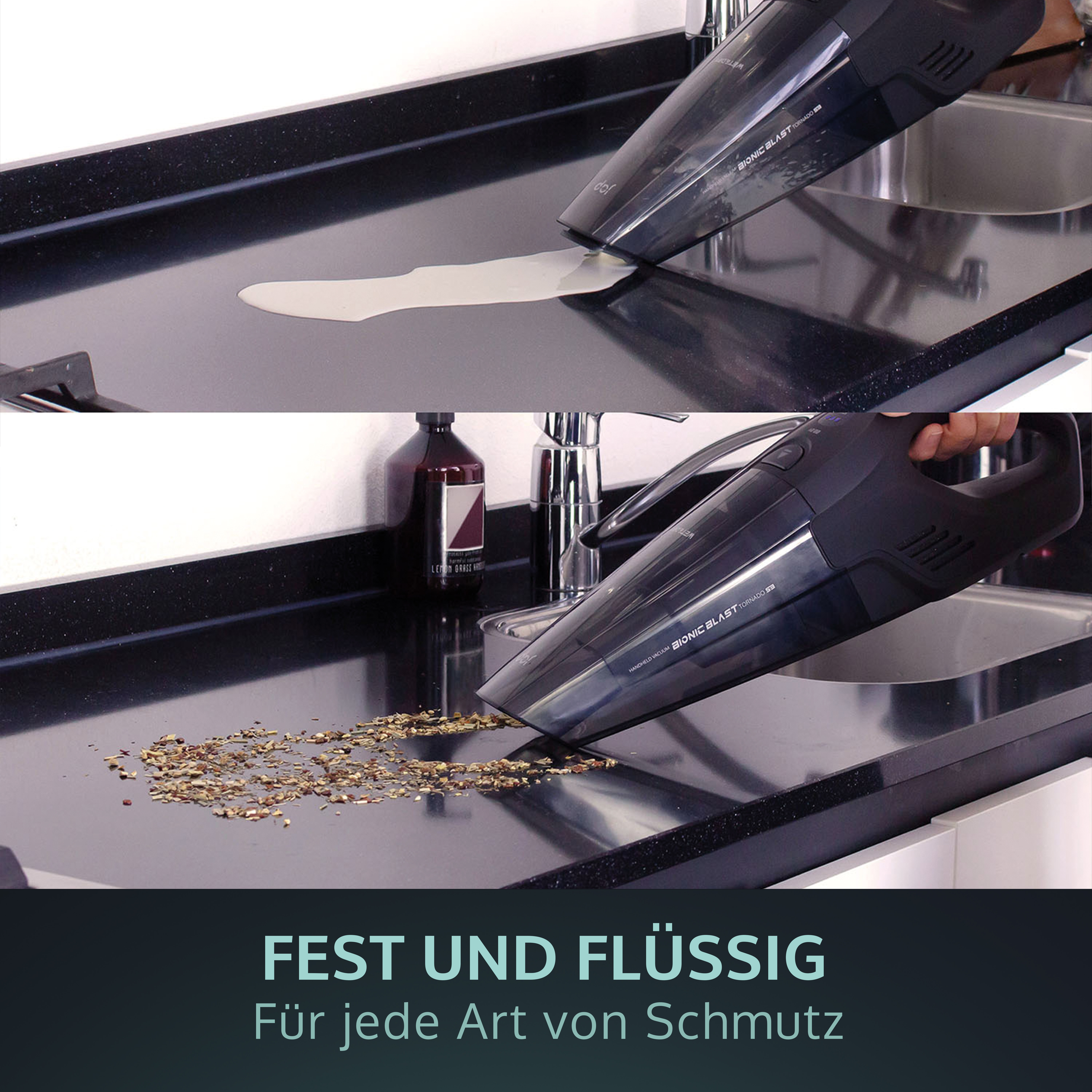 Ein Handstaubsauger entfernt Flüssigkeit und dann Schmutz von einer schwarzen Oberfläche.