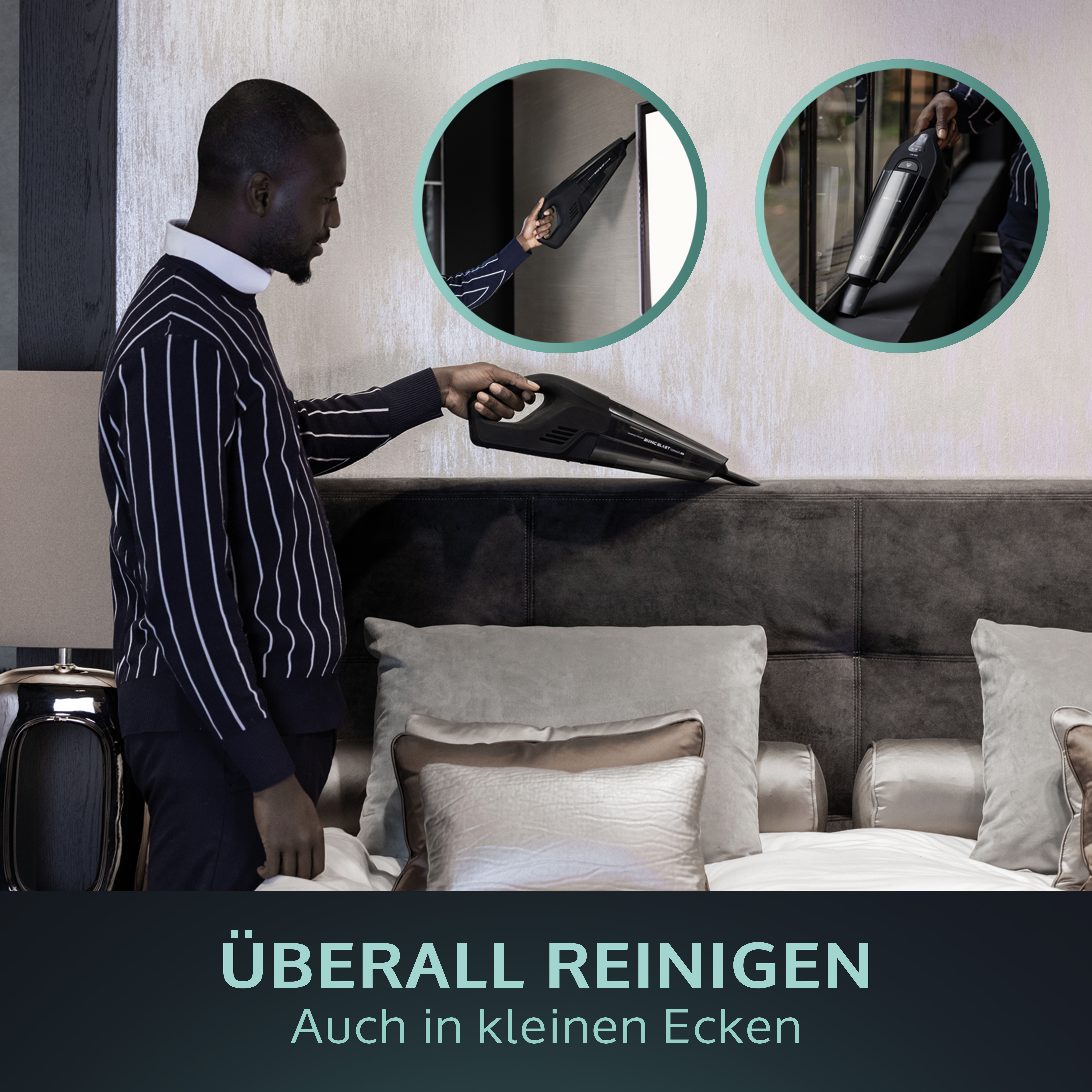 Ein Mann, der mit einem Handstaubsauger auf einem Bett putzt, zwei Einsetzbilder des Reinigers, weißer Hintergrund.