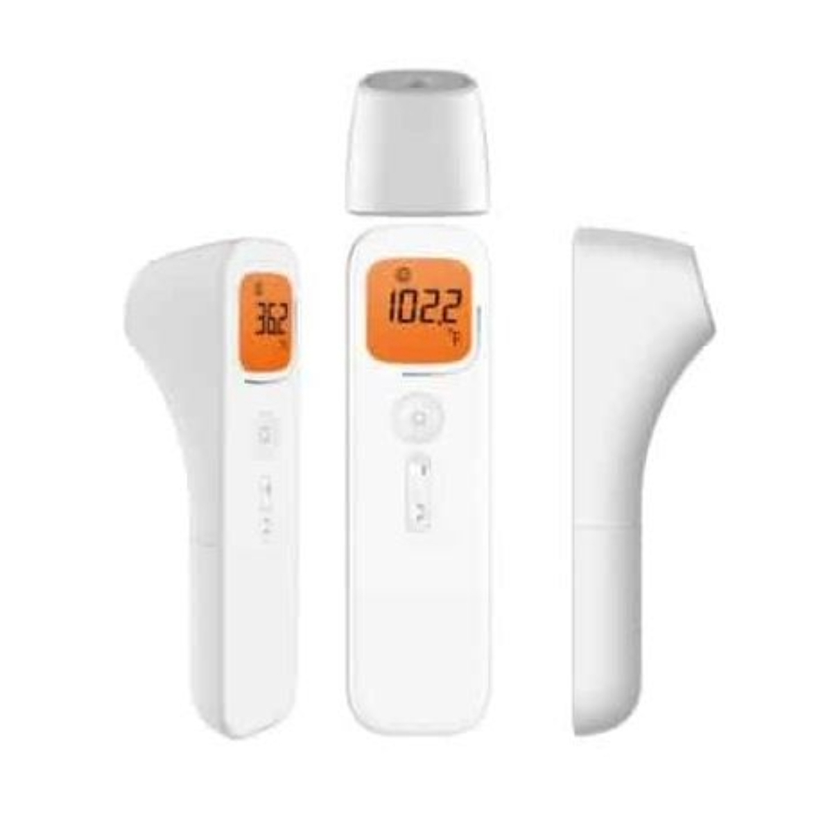 Tres termómetros blancos. Uno muestra 36.2, otro 102.2. El fondo es blanco.