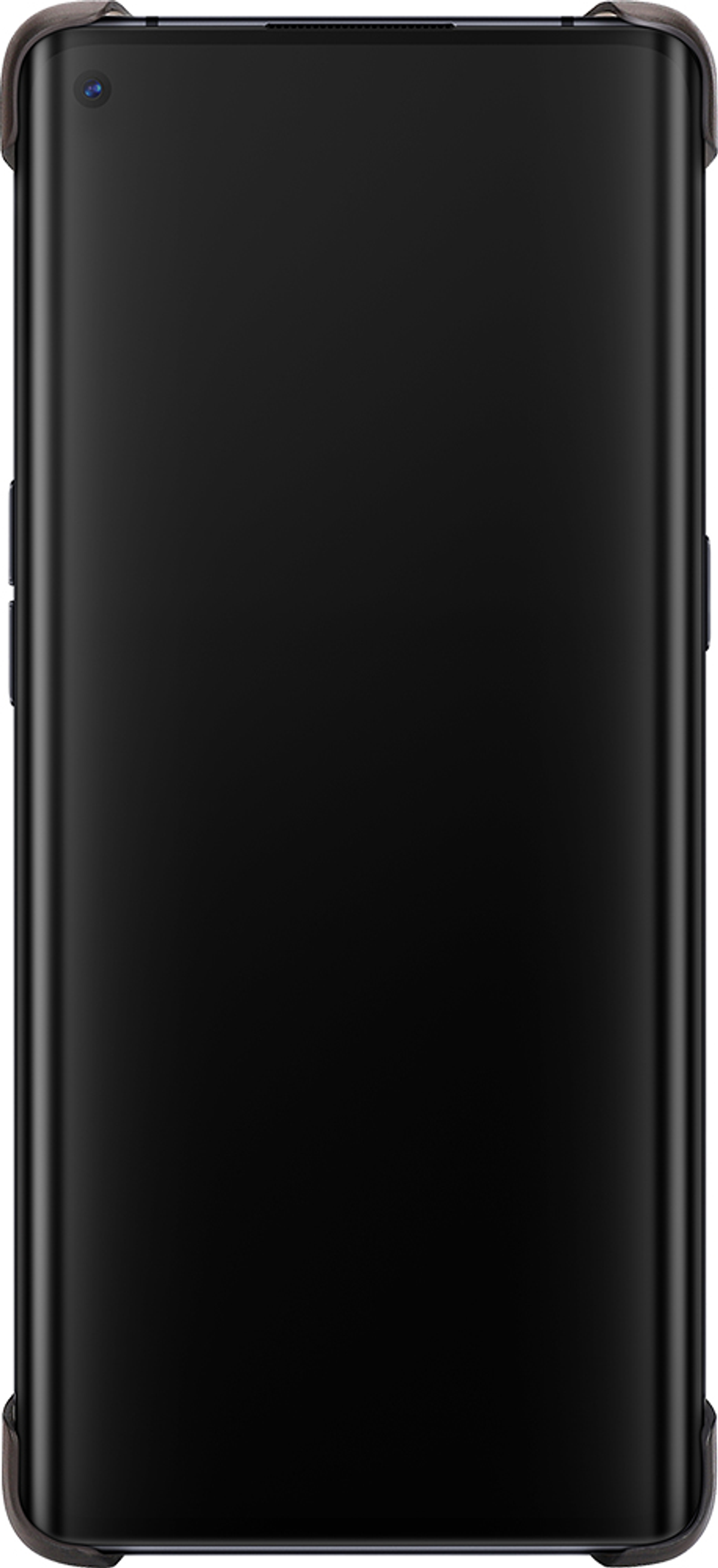 Schwarzes Smartphone mit eingeschaltetem Bildschirm und Hülle. Das Telefon ist isoliert auf Weiß.