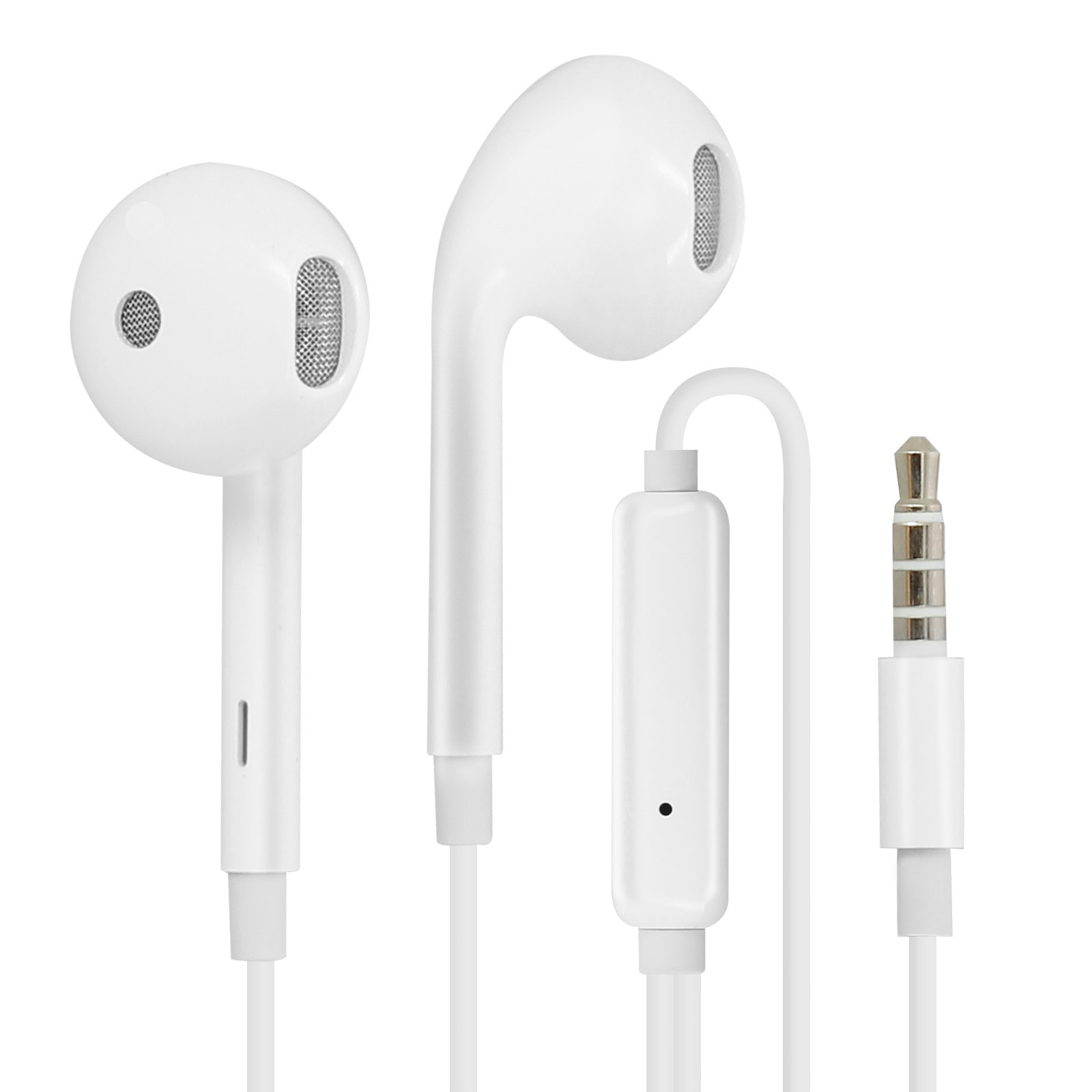 Witte oortelefoons met een microfoon en een 3,5 mm jack-aansluiting.