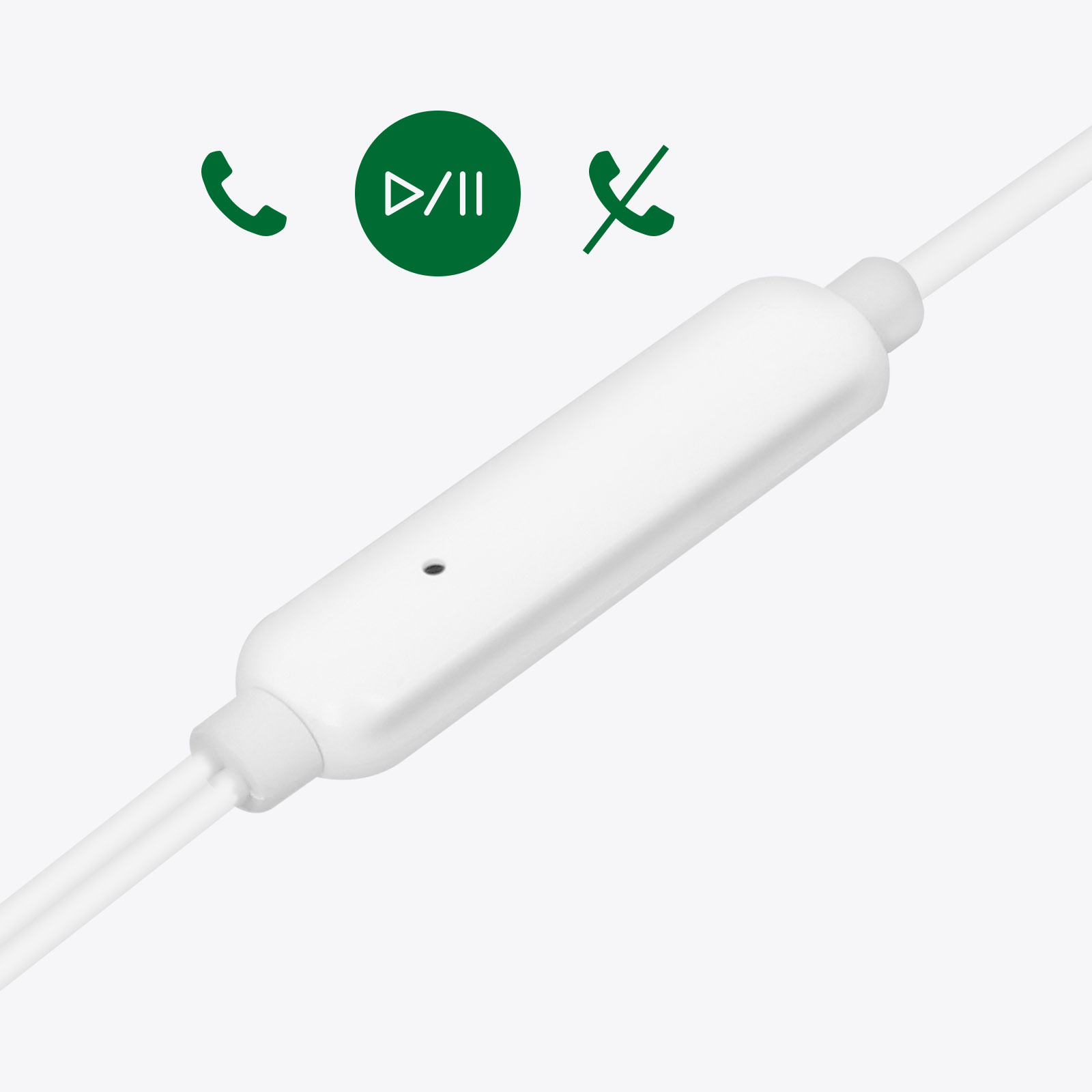 Witte oortelefoonbediening met afspeel/pauze-knop, telefoon- en annuleer-icoon.