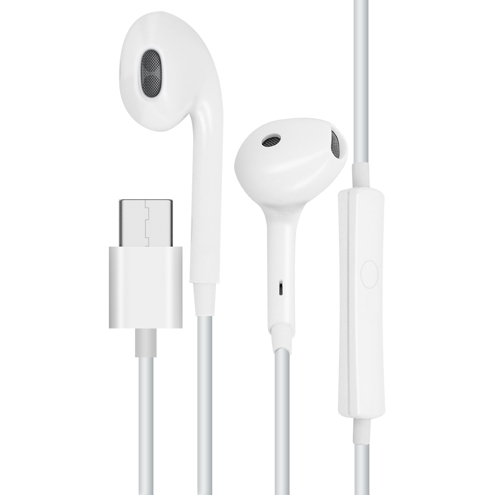 Weiße Ohrhörer mit USB-C-Anschluss.